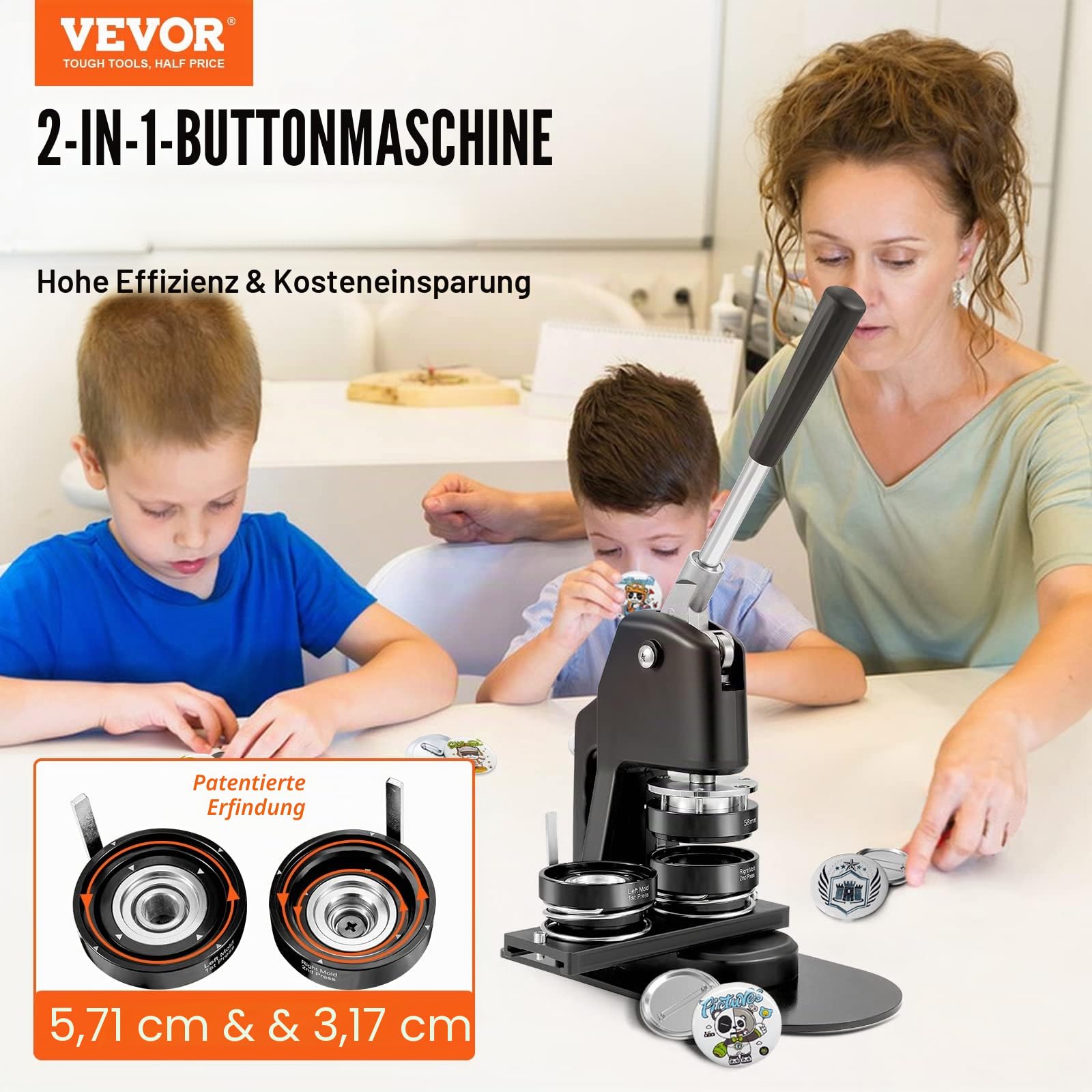 VEVOR Knopfmacher-Maschine, mehrere Größen 58 + 32 mm Abzeichen-Stanzer-Set, Kinder DIY Geschenke Pin Maker, Knopfherstellung Zubehör mit 500 Stück Knopfteilen & Kreisschneider & Zauberbuch