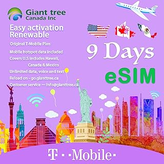 USA Canada Mexico Mobile Travel Plan(USA Travel sim Card): Flexible Days(9 Days Included), Unlimited Data/Calls/Texts, T-Mobile SIM (9 Days eSim)