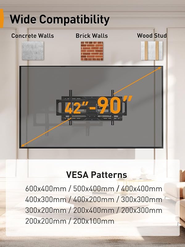 Perlegear TV Fali Tartó 42-90" Képernyőkhöz, 68 kg Teherbírás, Előszerelt, Dönthető, Forgatható, Kihúzható, VESA 600x400mm, Univerzális