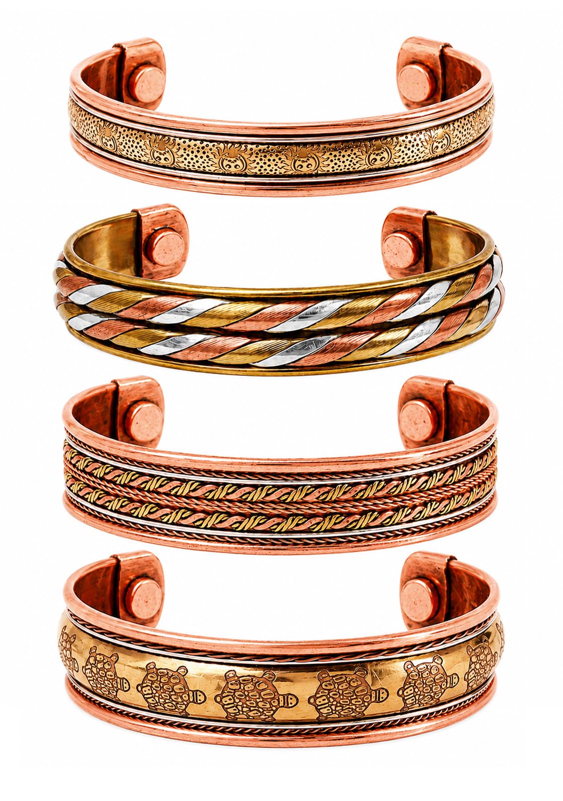 Touchstone Copper magnetic healing bracelet Tibetan style. Hand forged with solid and high gauge pure copper. Set of 4 different designs in 3 metals