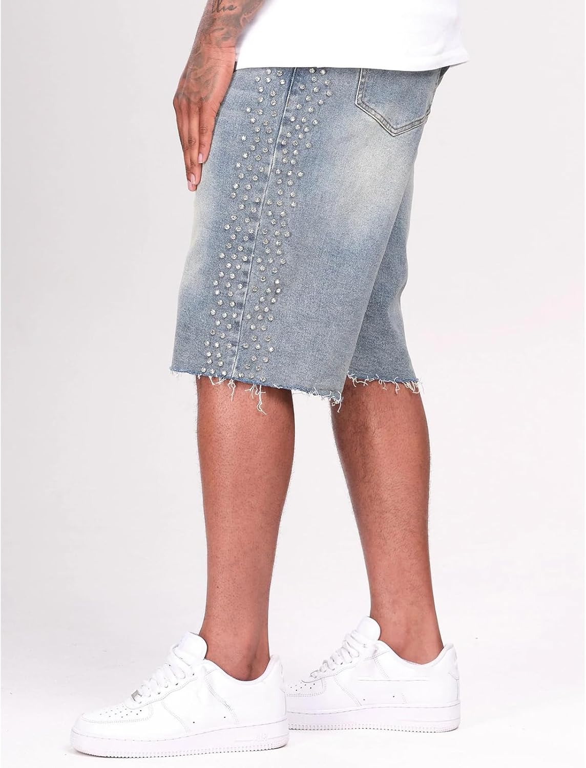 Rhinestone Jorts Men Baggy Distressed Rhinestone Jeans Shorts Grunge Frade Party Streetwear Wide Leg Denim Shorts 2000S