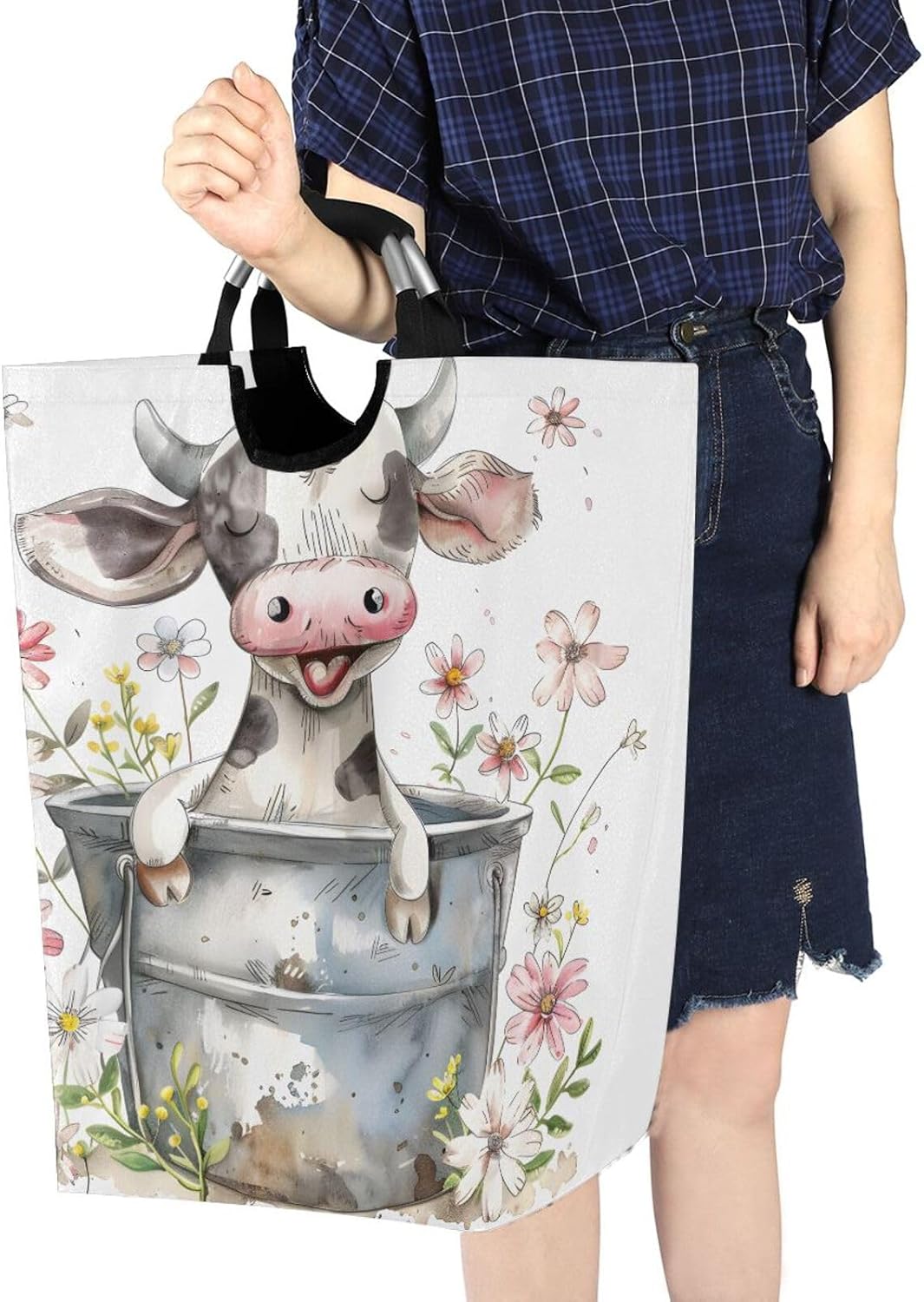 ALAZA Cute Baby Cow Daisy Large Laundry Hamper Basket Laundry Bag Stylish Collapsible Oxford Cloth Home Storage Bin with Handles, 22.7 Inch image 3