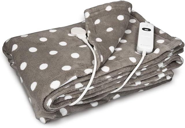 Navaris Electric Blanket - Double Size Heated Over Blanket with 3 Heat Settings and Auto Shut Off Timer - Plush Polyester Bed Throw (Grey with Dots)