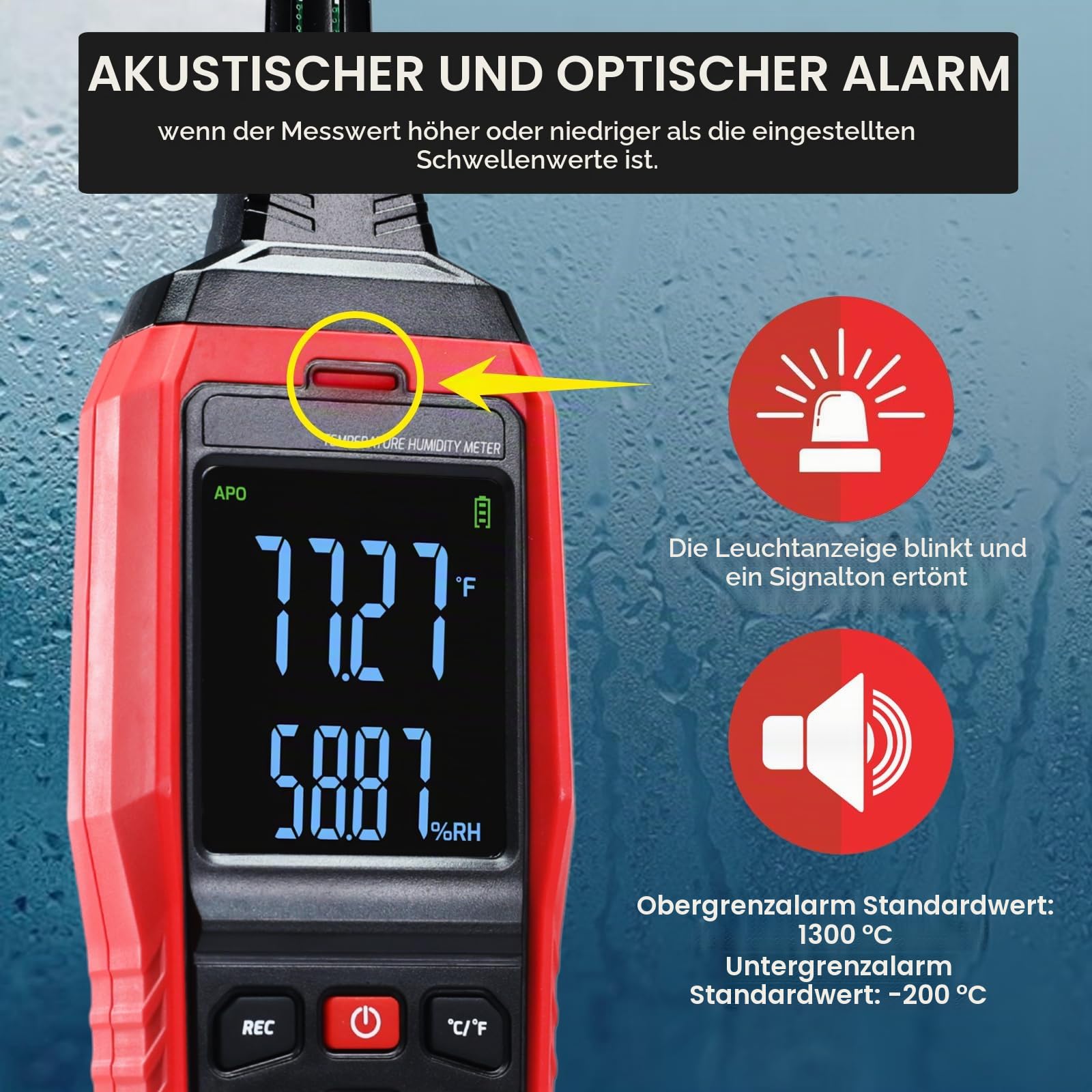 Luftfeuchtigkeits- und Temperaturdatenlogger Digitales Psychrometer HVAC, Feuchtkugel-Thermometer, 4000 Daten speicherbar & exportierbar, großer LCD mit Alarm