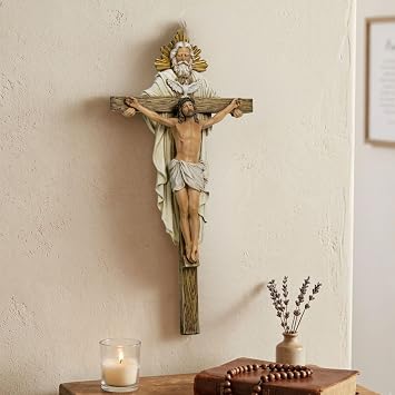 Grace4Joy Holy Trinity Wall Cross، 12.5 بوصة Holy Trinity Crucifix Catholic Home Decor، صليب الروح القدس يسوع المرسوم يدويًا على الحائط هدايا تدفئة المنزل الدينية