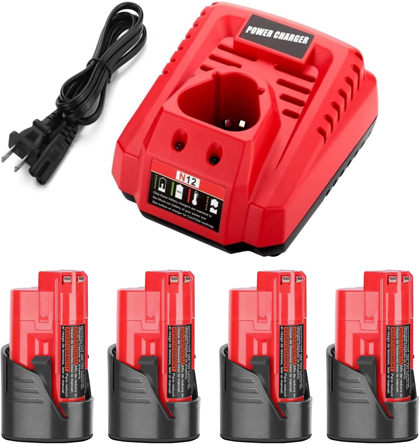 Powilling 4Pack 12V N12 Battery + Charger Compatible with Milwaukee 12V Cordless Tools - 3500mAh 48-11-2450