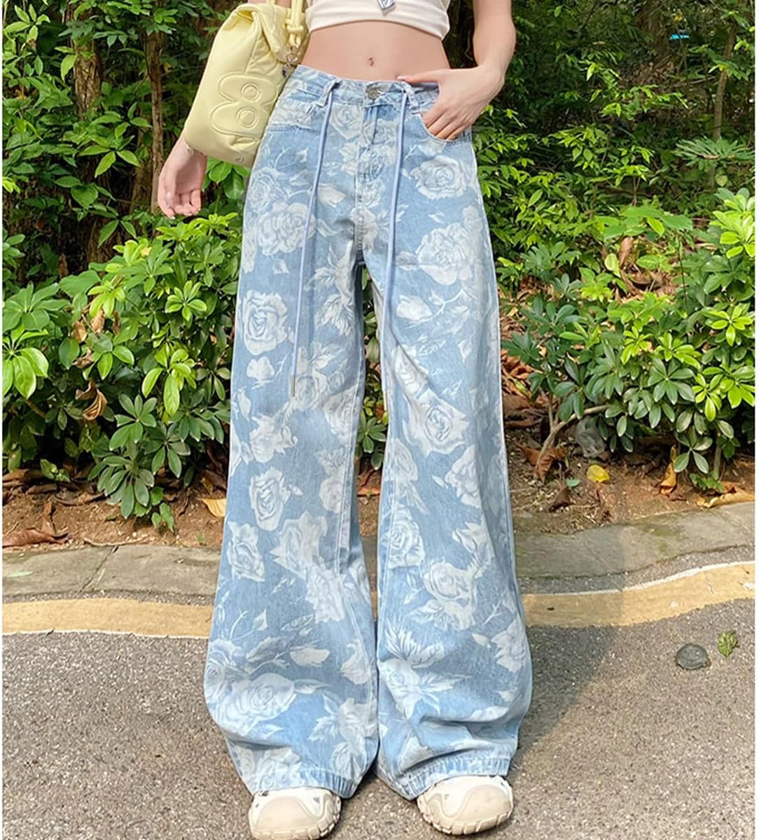 Fashion Casual High Waisted Straight Leg Jeans for Woman Y2K Cute Floral Printed Waist Drawstring Denim