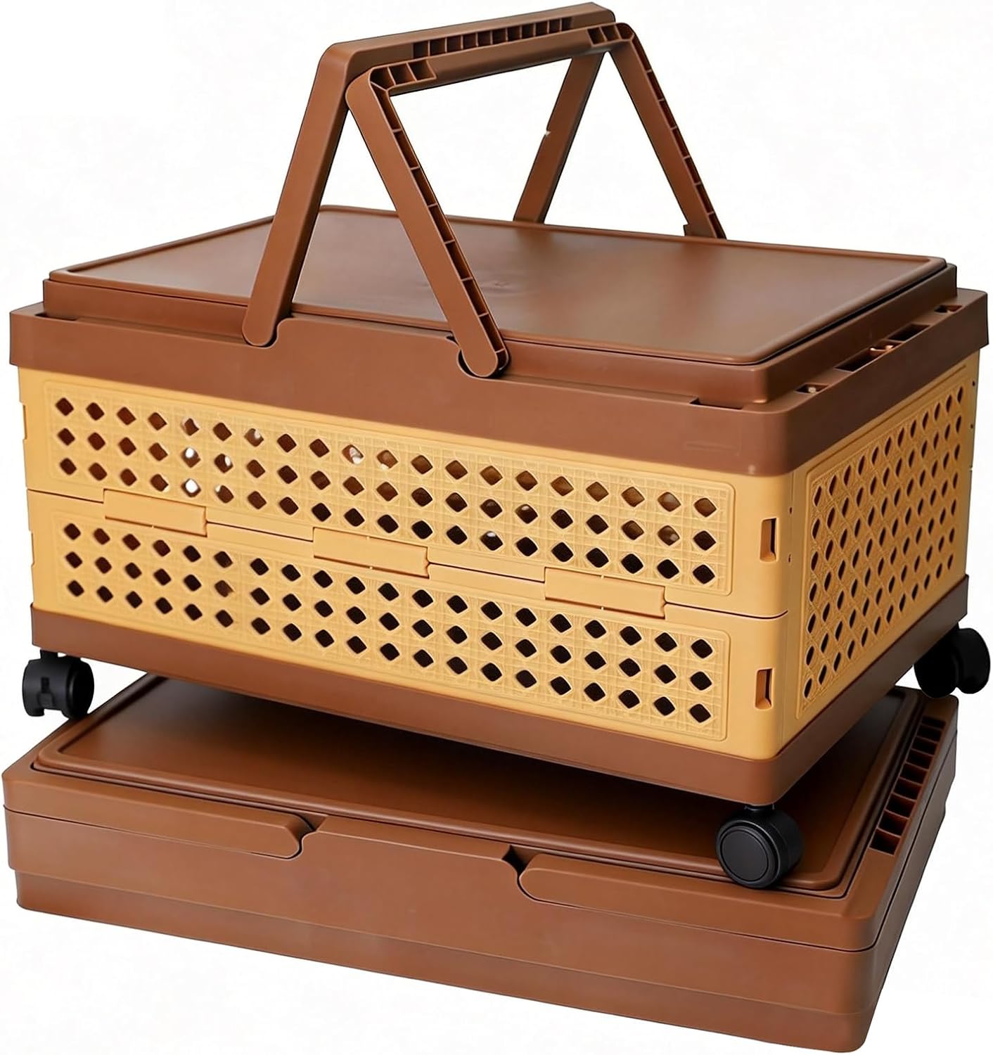 Picnic Basket with Lid and Handle – Collapsible Plastic Basket with Vintage Woven-Style Texture and Removable Swivel Wheels, Stable for Outdoor Picnic, Shopping, Storage, Camping, Decorative