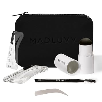 MADLUVV Brow Stamp Kit with Brow Stencils Easy Eyebrow Shaper for Natural-Looking Brows Popular Eyebrow Stencil Kit Used by Professionals 9 Shapes, Spoolie, Travel Bag & Stamp Light Grey