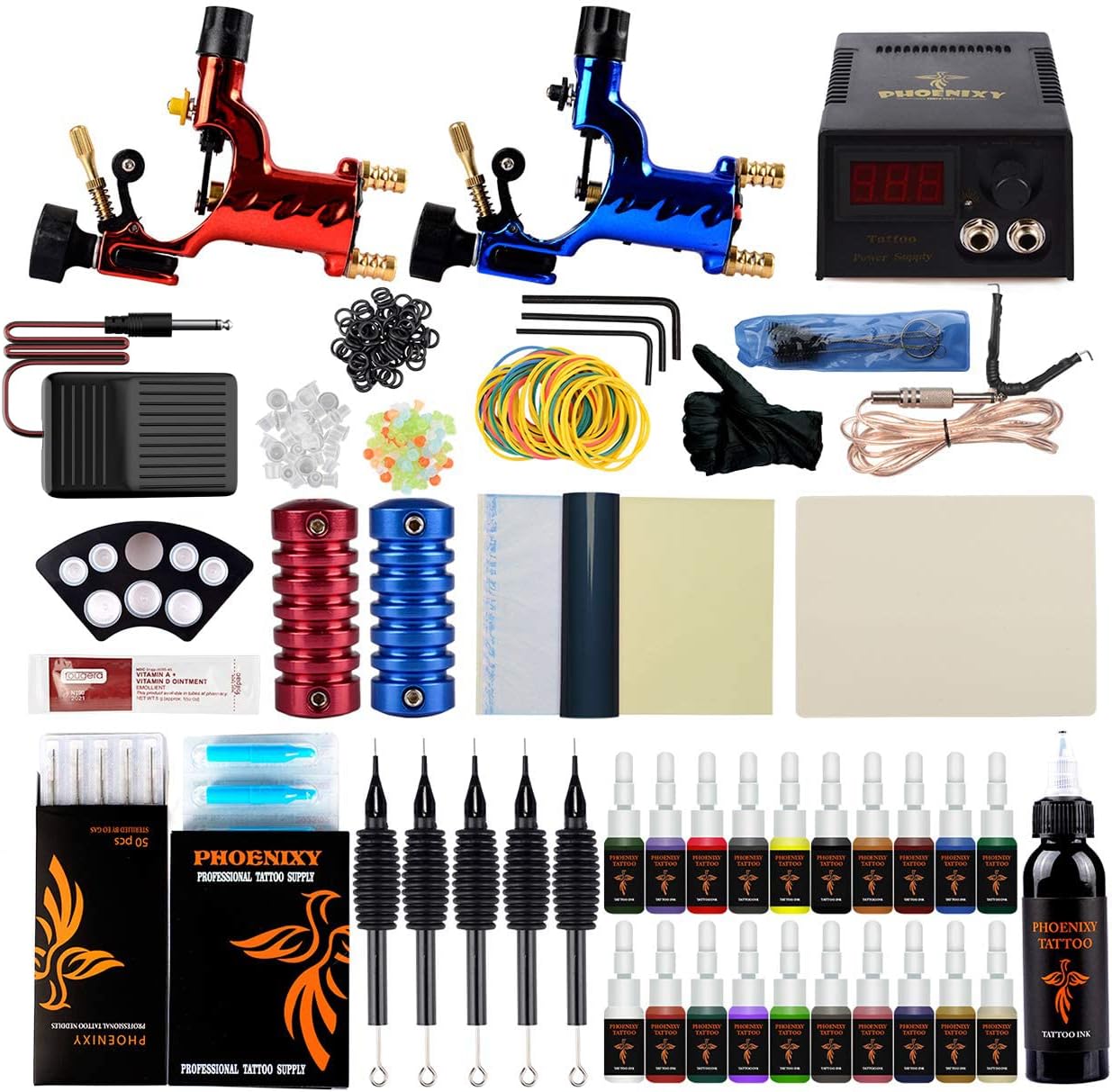 Tattoo Kit, Phoenixy Tattoo Machine Kit 2 Pro Dragonfly Rotary Tattoo Gun Professional Complete Shading & Lining 20+1 Tattoo Inks 50 Needles 50 Tips Tattoo Supply For Artists