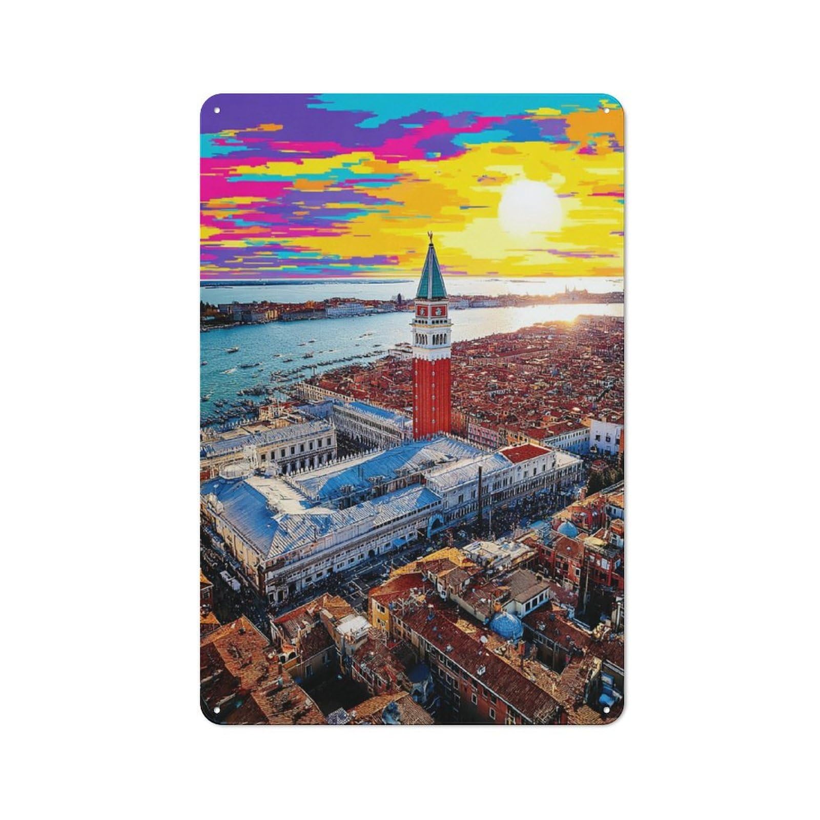 Retro Metal Sign with Vibrant Venice Sunset Design 30x20cm, Distressed Look Retro Room Decor for Living Room, Hallway, Kitchen Or Cafe