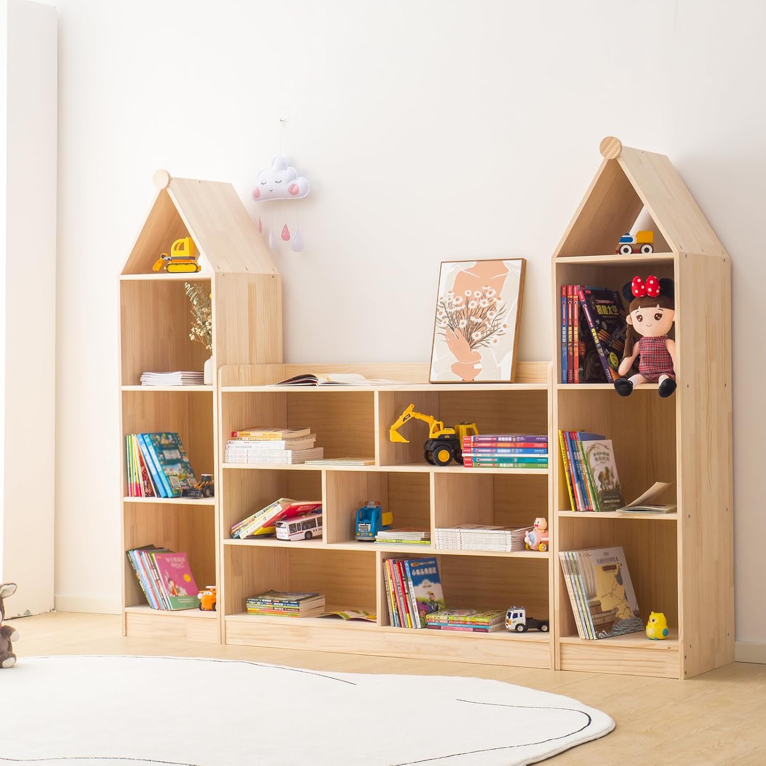 Wooden 7 Compartment Storage Cabinet Organizer Kids 3 Tier Wood Bookshelf School Storage Shelf Classroom Furniture for Kids Natural (47.24" L x 11.81" W x 35.43" H)