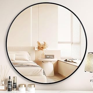 Mirror, Wall Mirror, Round Mirror, Round Mirror, Bathroom Mirror, Wall Mirror, Aluminum Frame, Cosmetic Mirror, Entryway, Washroom, Toilet Black, Diameter 11.8 inches 30 cm