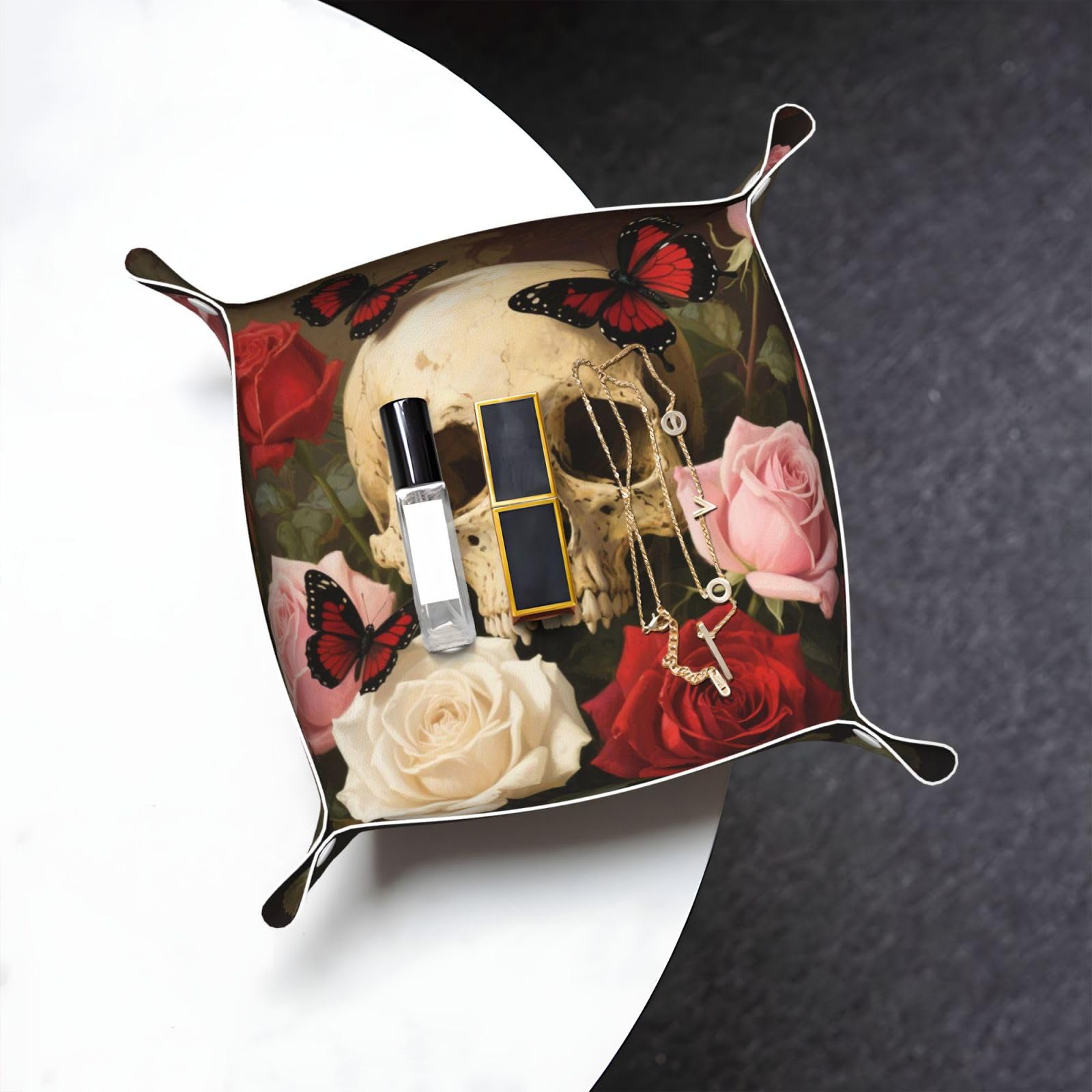 Rose Skull Valet Tray Organizer Pu Leather Travel Catchall Tray Organizer Portable Jewelry Tray Storage Keys Tray for Entryway Table Coins Watches Candy