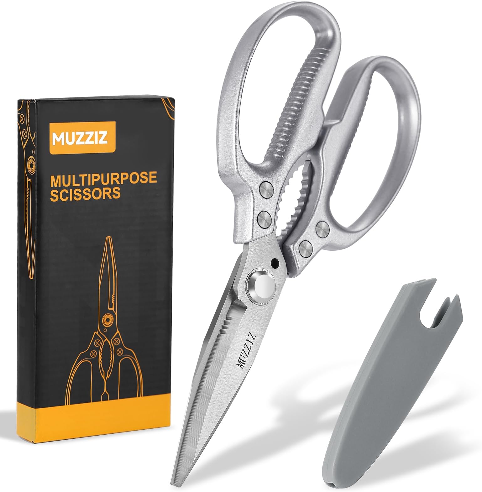 Heavy duty scissors, multi-purpose, stainless steel blade with small serrations, metal handle scissors for home, office, easy-cut cardboard, fabric, leather, cables, carpet and