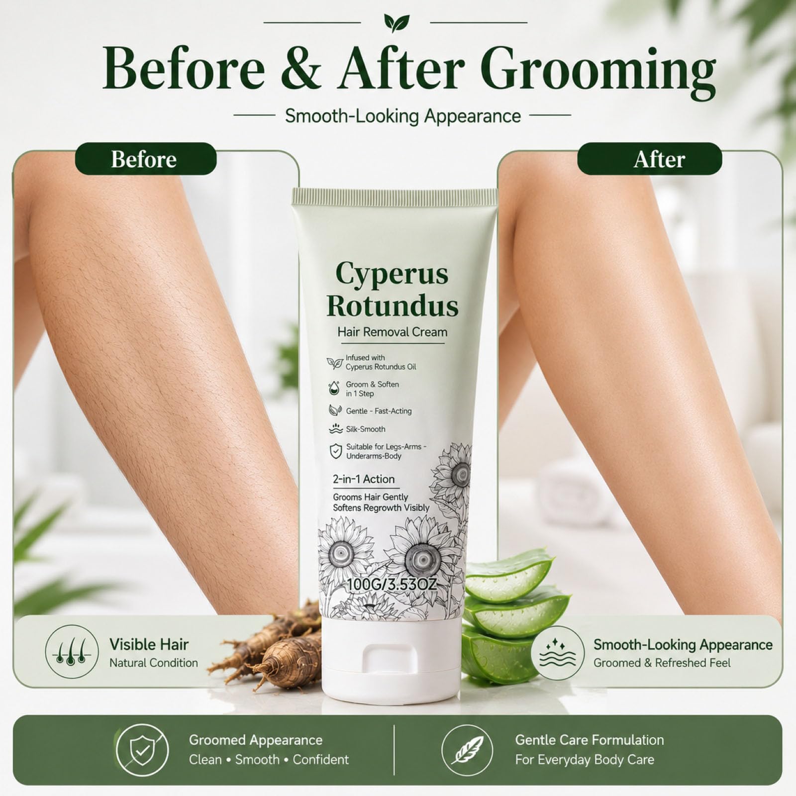 Cyperus Rotundus - Crema depilatoria a base di erbe, crema depilatoria naturale delicata per corpo e zona bikini con raschietto, 2 in 1 (5 pezzi)