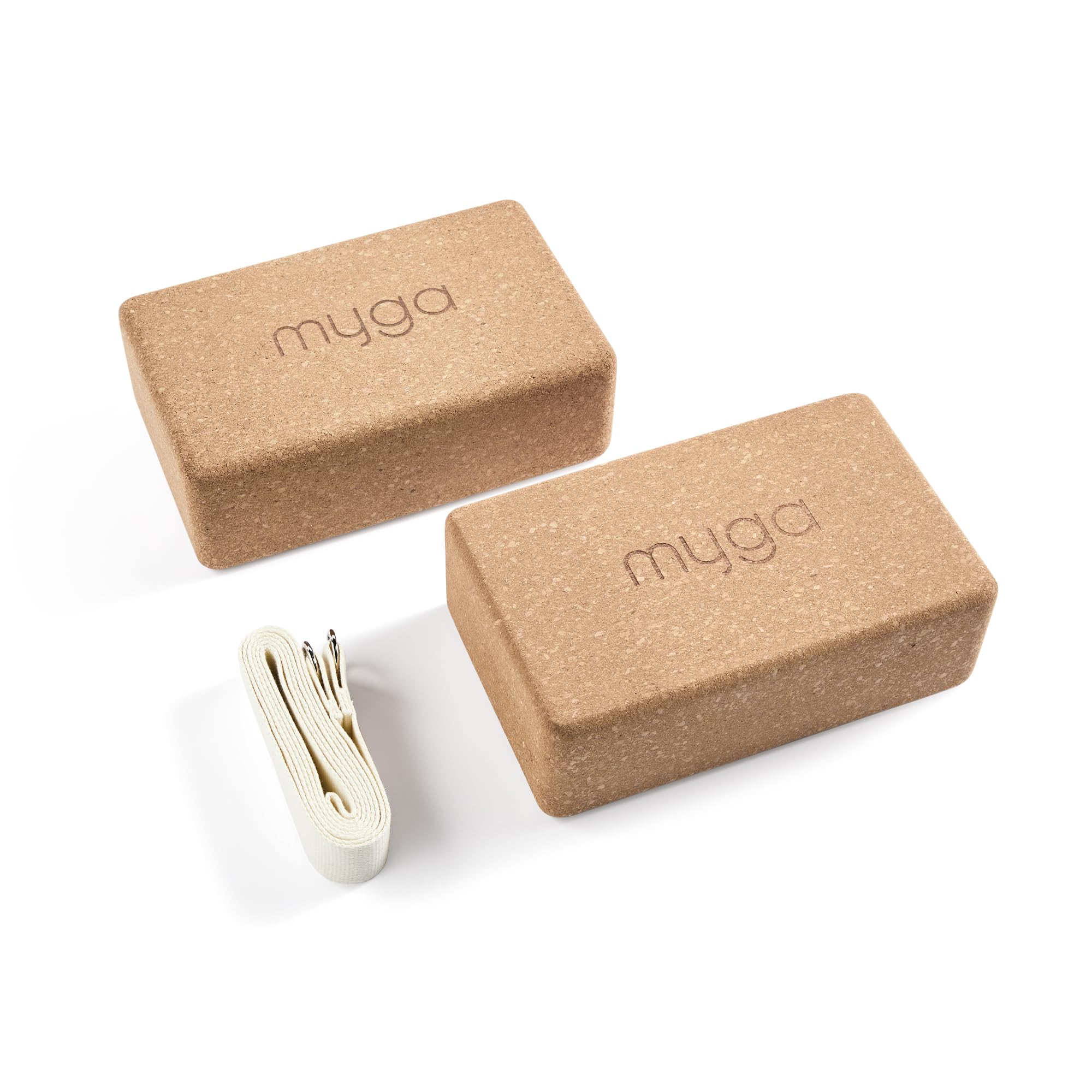 Myga Cork Yoga Blocks & Strap Set - 2 Natural Cork Bricks and Metal D Ring Belt for Yoga, Pilates and Fitness - Support and Deepen Poses, Non-Slip and Eco-Friendly for Home & Gym (Cream)