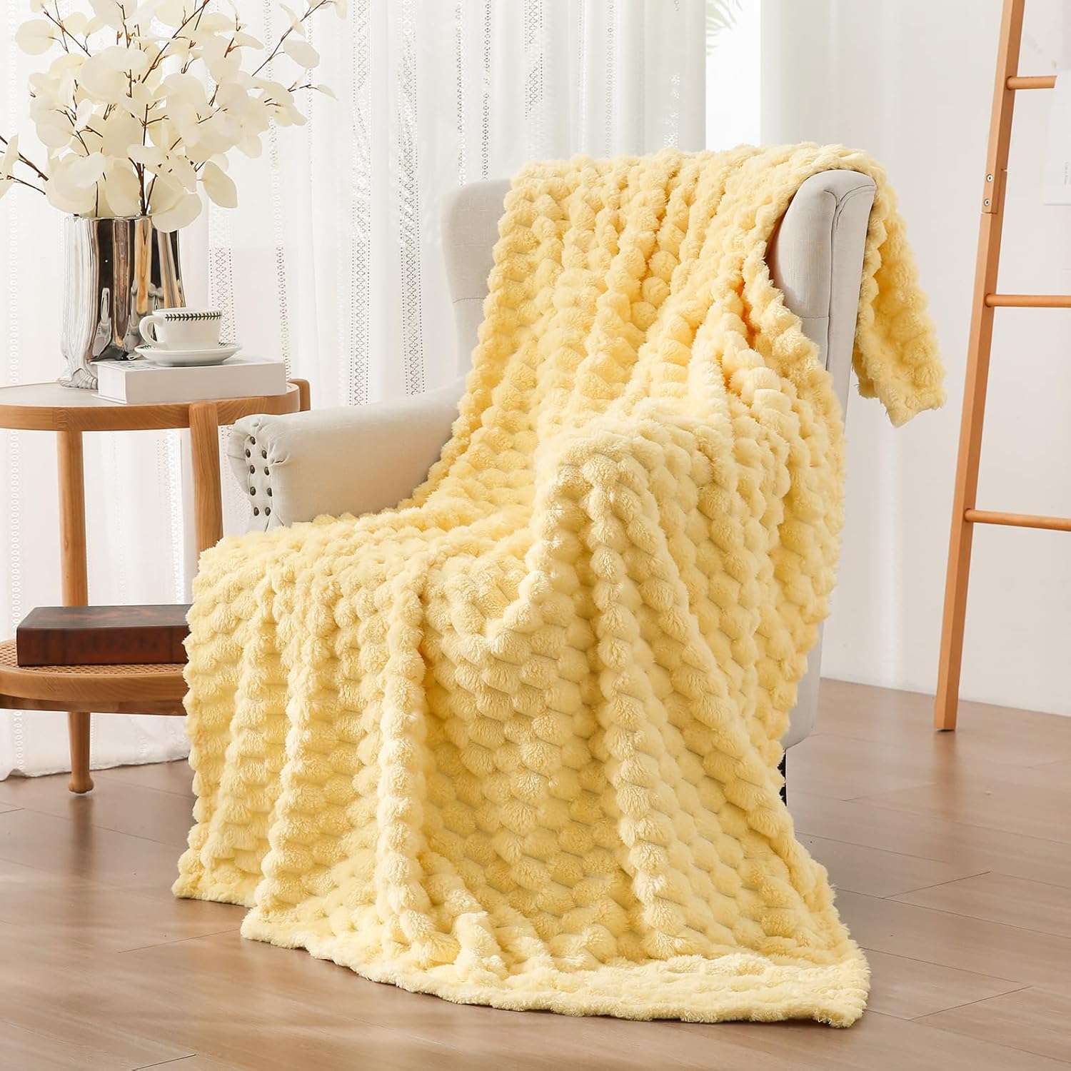 Vessia Flannel Fleece Throw Blanket, 3D Jacquard Light Yellow Fuzzy and Warm Blanket for Couch, Sofa, Bed, 300GSM Super Soft Touch Cozy Home Decor for All Seasons (50x70 inches) - Image 2