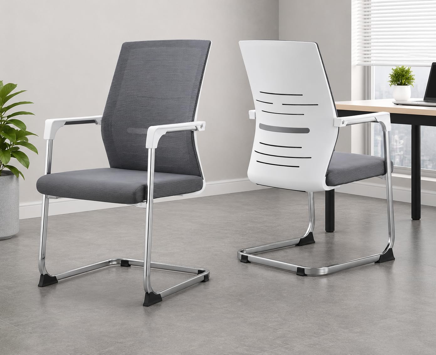 MLU Set of 2 Mesh Office Guest Chairs with Armrests, Ergonomic Waiting Room Chairs, Breathable Backrest, Cushioned Seat & Chrome Frame – Grey-image-42