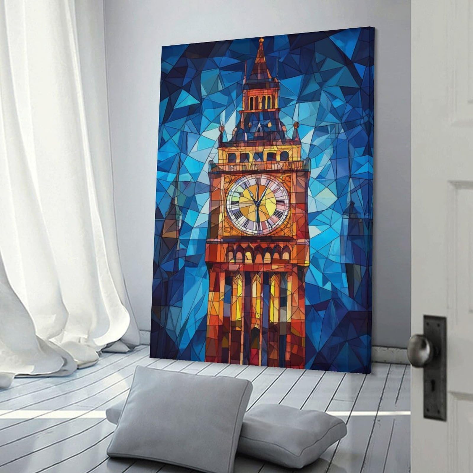 Stained Glass Clock Tower-3 Wall Decoration for Living Room Wall Art for Teenage Boys Bedroom Wall Canvas 08x12inch(20x30cm)