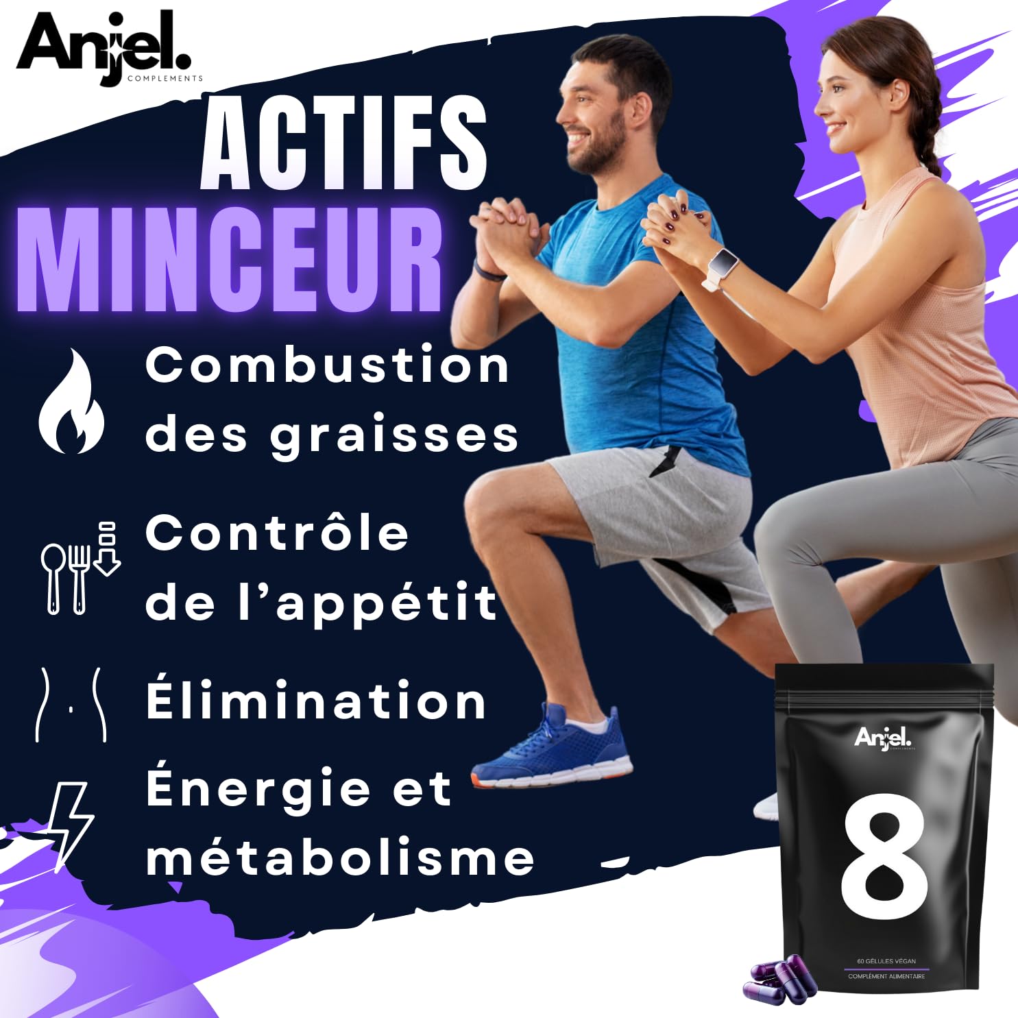 8 PURPLE - Brûleur de Graisse puissant - Perte de Poids Rapide et Efficace | Coupe-Faim Puissant et Efficace | 60 Gélules Vegan (Thé Vert, Guarana, Vitamine B) - Cure de 30 jours Minceur Homme & Femme