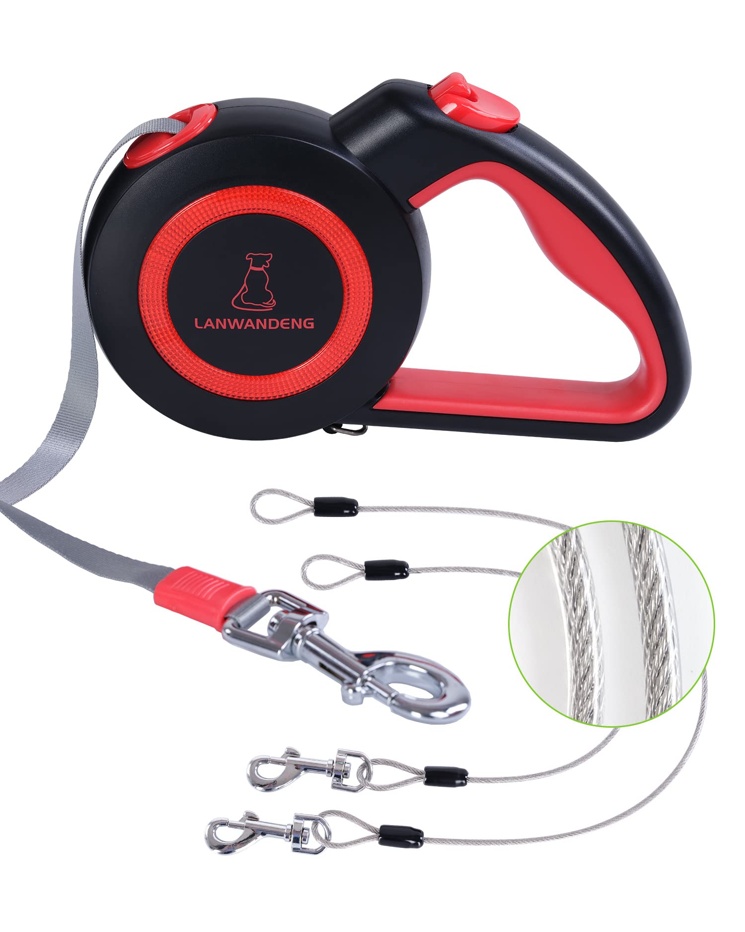 Chew Proof Retractable Dog Leash with 2 Heavy Duty Anti-Chewing Wire Ropes, 16FT Leashes 360 Tangle Free for 2 Dogs, Dual Dog Lead for Small/Medium/Large Dogs by Lanwandeng