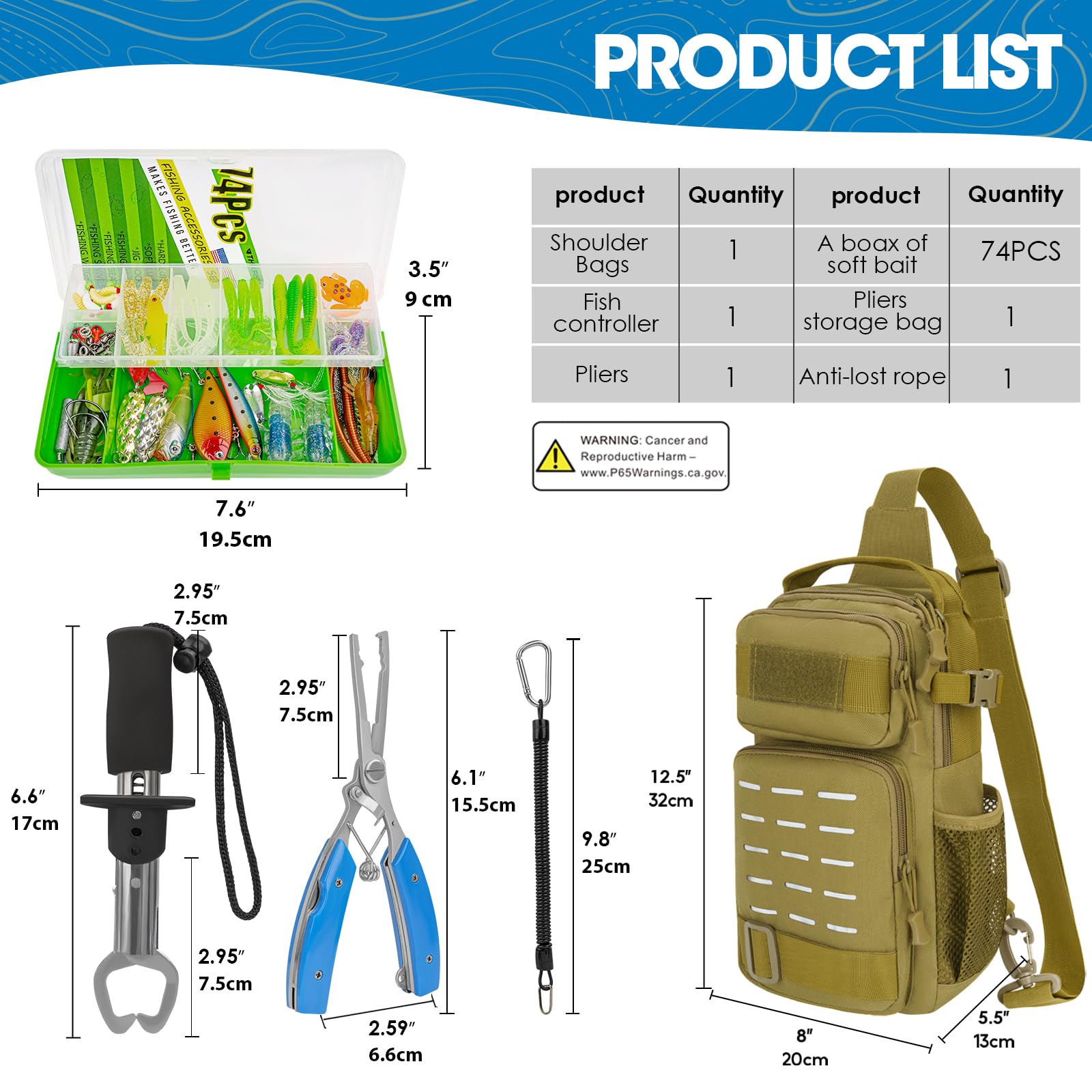 THKFISH Ensemble de 79 sacs de pêche étanches avec boîtes, sac de pêche pour la pêche, y compris pinces de pêche, appâts, extracteur de hameçons et poignée à lèvres