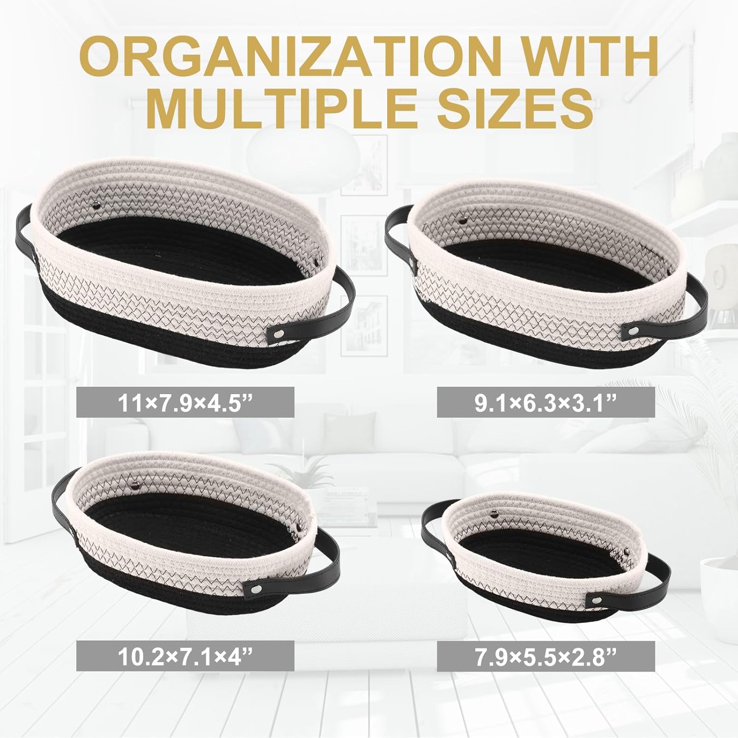 4 Pack Woven Rope Storage Basket Set for Organizing Baskets for Gifts Empty Boho Small Nesting Storage Bins with Handle for Shelves Countertop Toilet Paper Basketwork Decor(Black and White)