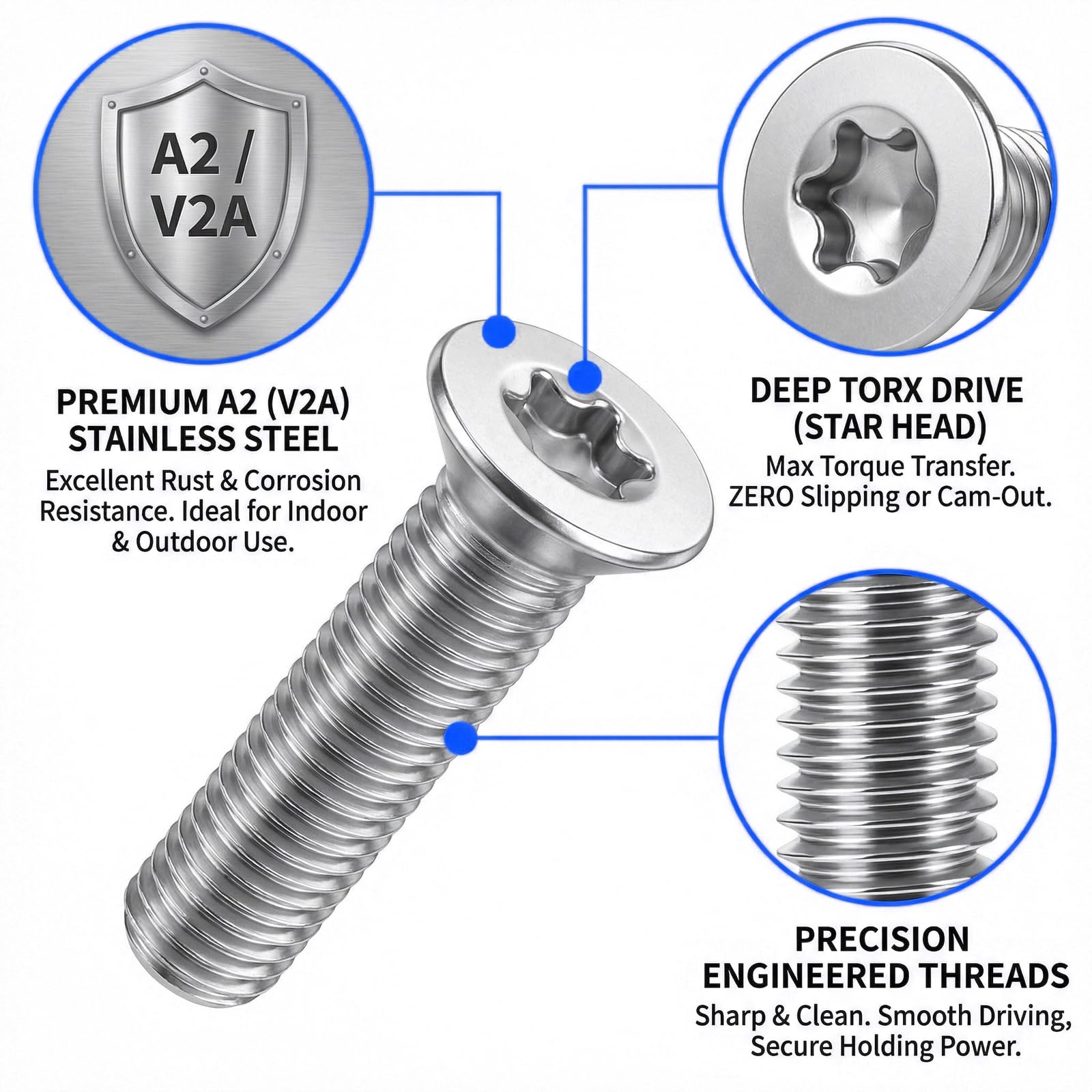 Viti a testa svasata Torx M6x16 mm, 25 pezzi Viti a testa svasata in acciaio inox A2 V2A, M6, filettatura completa metrica, inclusi 2 bit (25/50mm) per mobili, ingegneria meccanica e fai da te