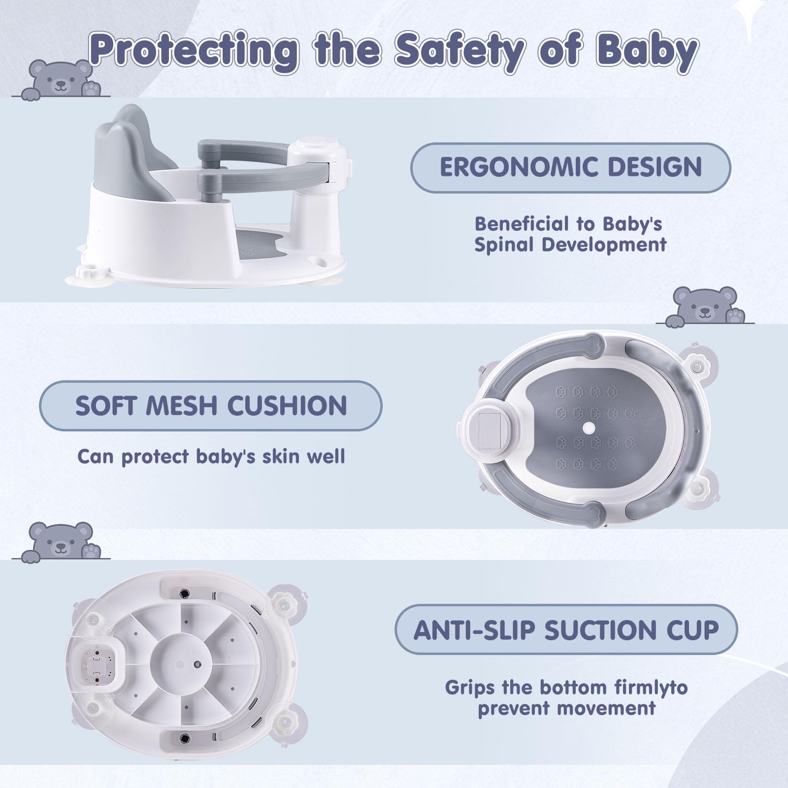 Farnirvana Seggiolini Per Bagnetto, Seggiolino Doccia Neonato, Seggiolino per Vasca da Bagno per Bambini a Partire da 6 Mesi, con 4 Potenti Ventose, per Doccia o Vasca