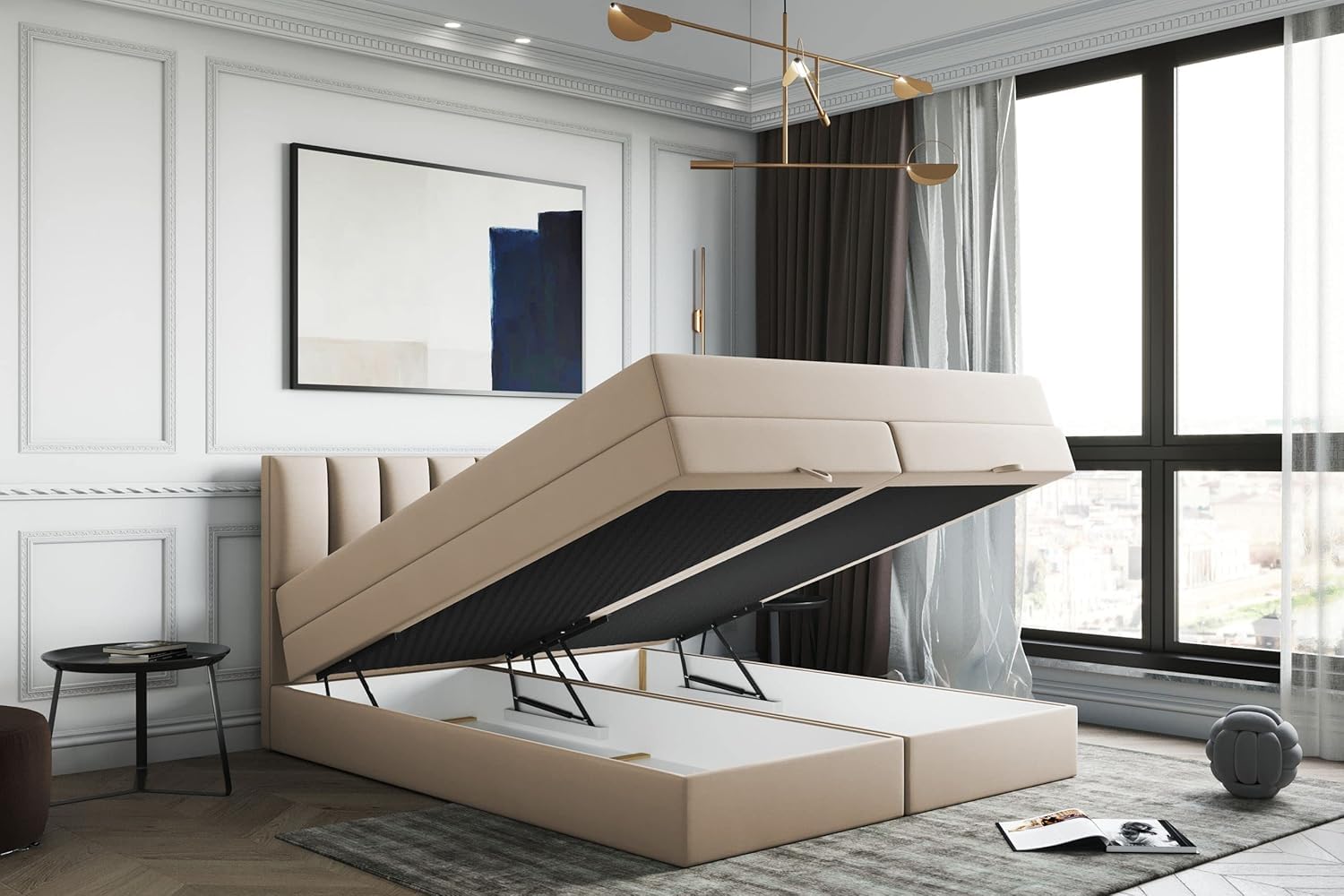 TRADA Letto Contenitore Matrimoniale con Contenitori e Materasso - Letto GUSTO con Topper In Memory Visco - Beige - 160 x 200 cm