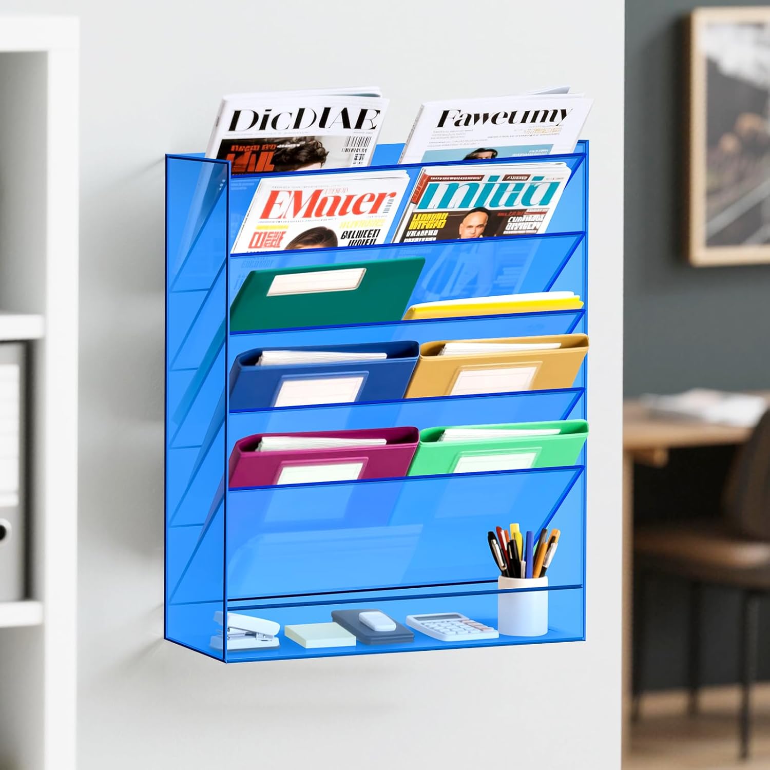 Gelite Hanging File Organizer Acrylic Clear Wall File Holder for Office Vertical Paper Organizer Wall Mounted Magazine Rack, 5 Pockets, Blue