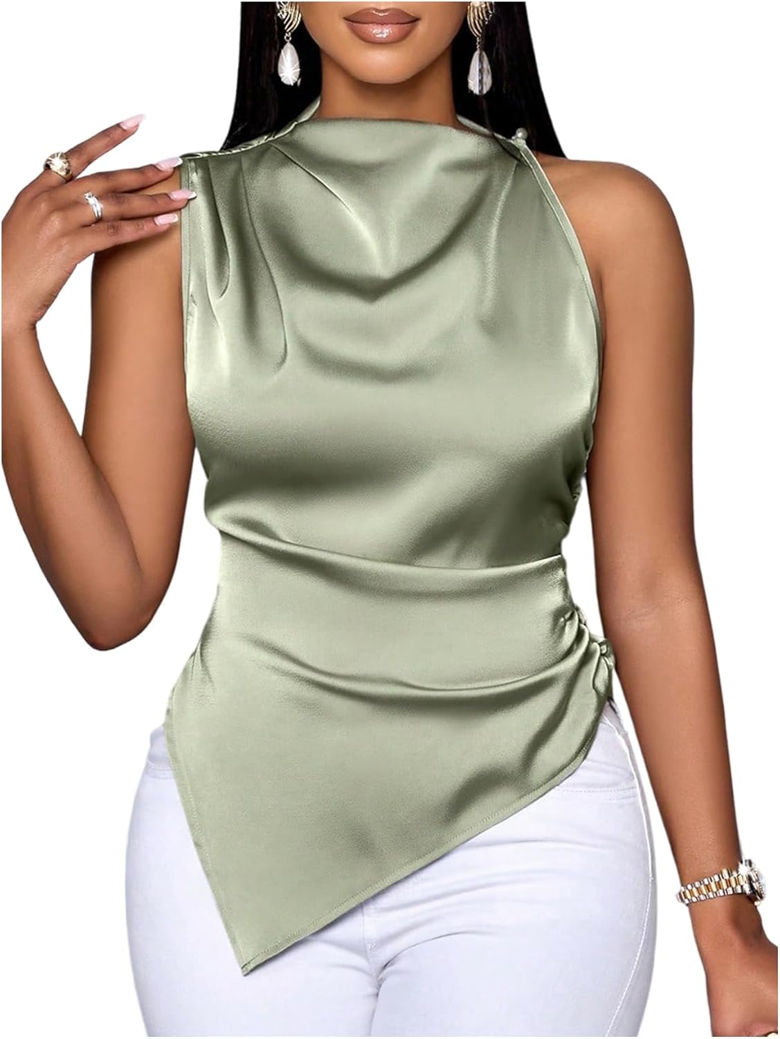 WDIRARA Women's Satin Sleeveless Blouses Shirt Asymmetrical Mock Neck Dressy Casual Tops