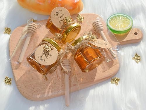 Miniatura 6 de IIKUM Paquete de 20 mini tarros hexagonales de vidrio de miel de 15 onzas con moños de madera tapas doradas colgantes de abeja bolsas de regalo