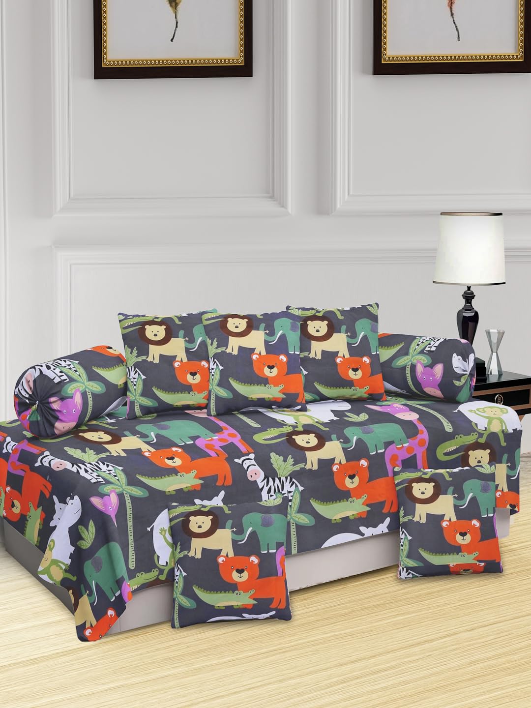 KLOTTHE || Beautiful 300 TC Cotton Blend Printed Pattern Diwan Set with 8 Pieces, One Single Bed Sheet with 5 Cushions Covers and 2 Bolster Covers (KLDS-1124-Multi, Printed, Single)-picture-18