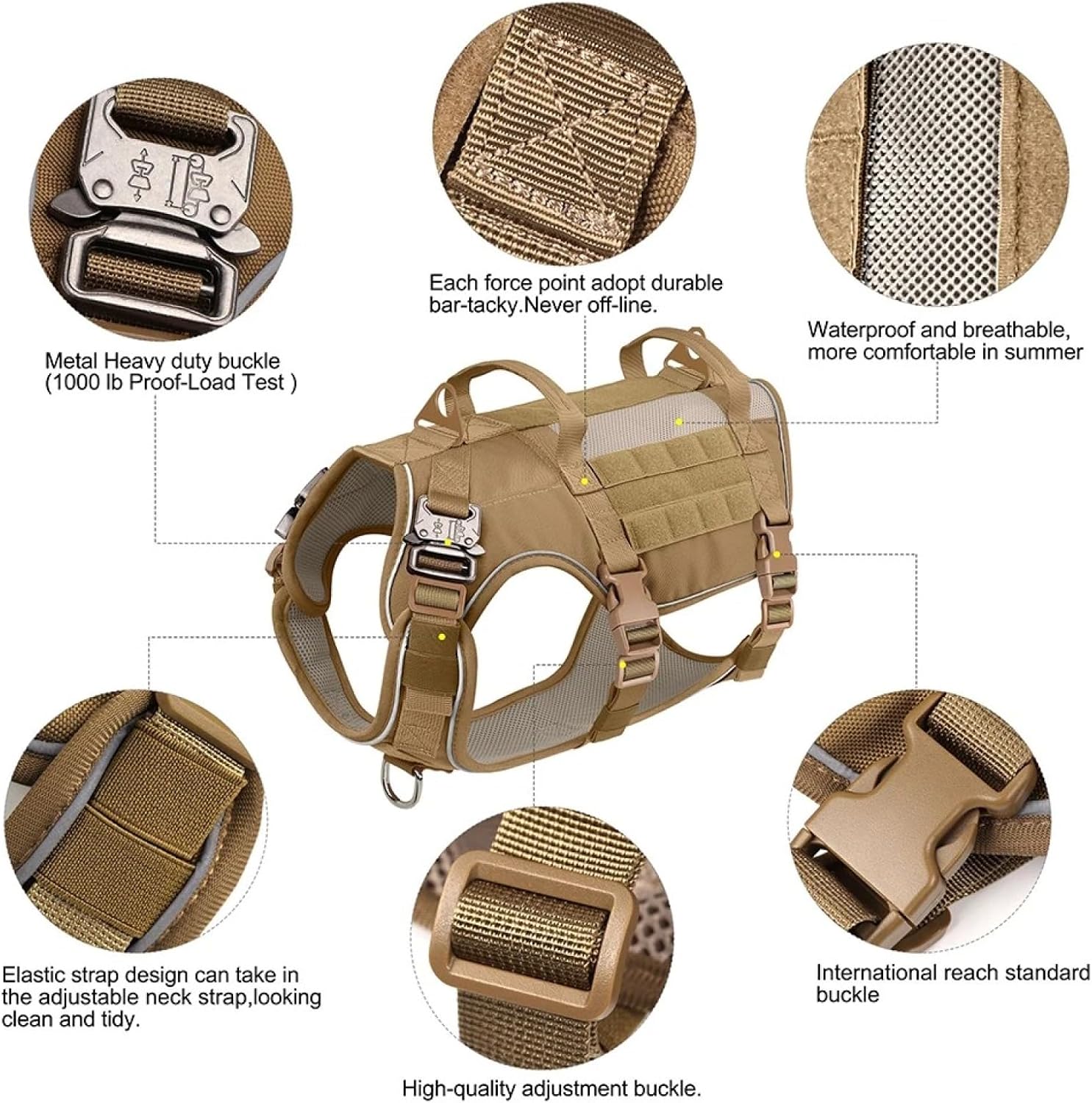 Outdoor Reflective Adjustable Nylon Pet Harness Military Tactical Dog Camping Training Hunting Harness for Medium Large Dog,Khaki,M