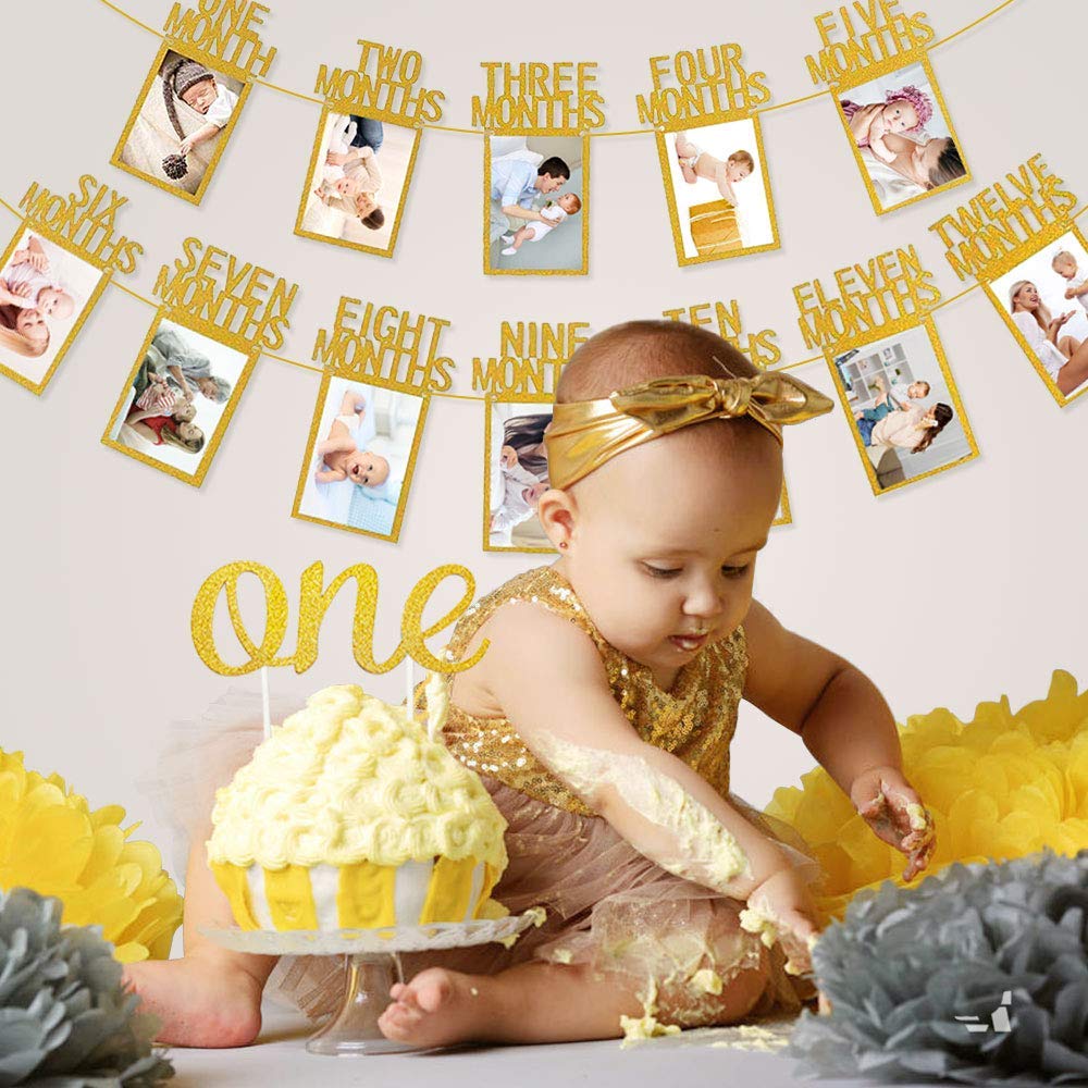 Festiko 1st Birthday Baby Photo Banner for Newborn to 12 Months, with ONE Banner, and Cake Topper, Monthly Milestone Photograph Bunting Garland First Birthday Celebration Decoration