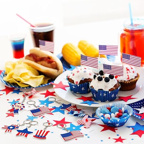 Miniatura 7 de Paquete de 36 llaveros de bandera estadounidense del 4 de julio, recuerdos de fiesta de Estados Unidos para niños con llavero, accesorios para