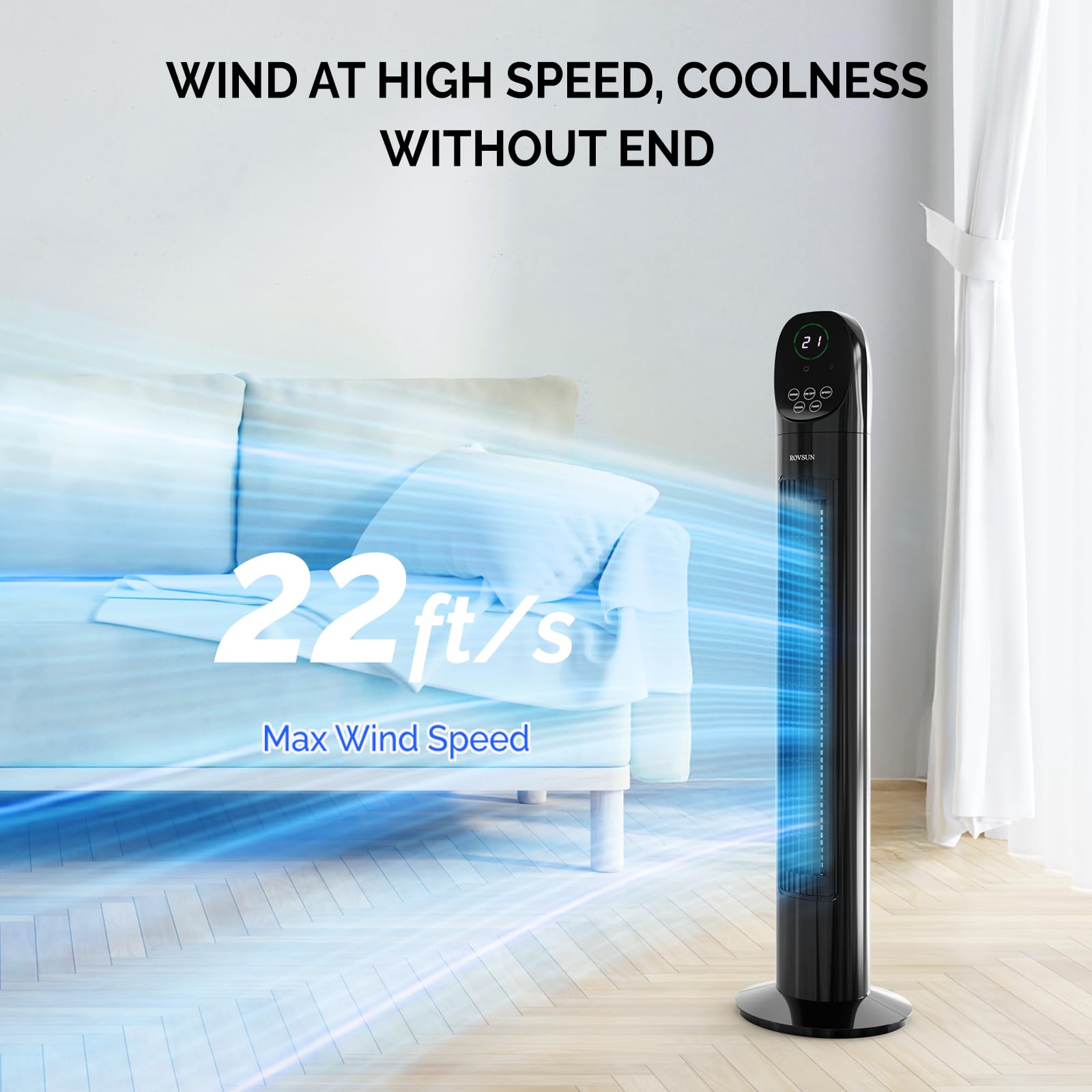 ROVSUN Ventilateur Colonne Silencieux, Ventilateur Tour 34'' (87cm), 35dB, Télécommande, Écran Tactile, Oscillation 90°, 3 Vitesses, 3 Modes, Minuterie 9H, 50W, Noir, Idéal pour Chambre, Salon, Bureau