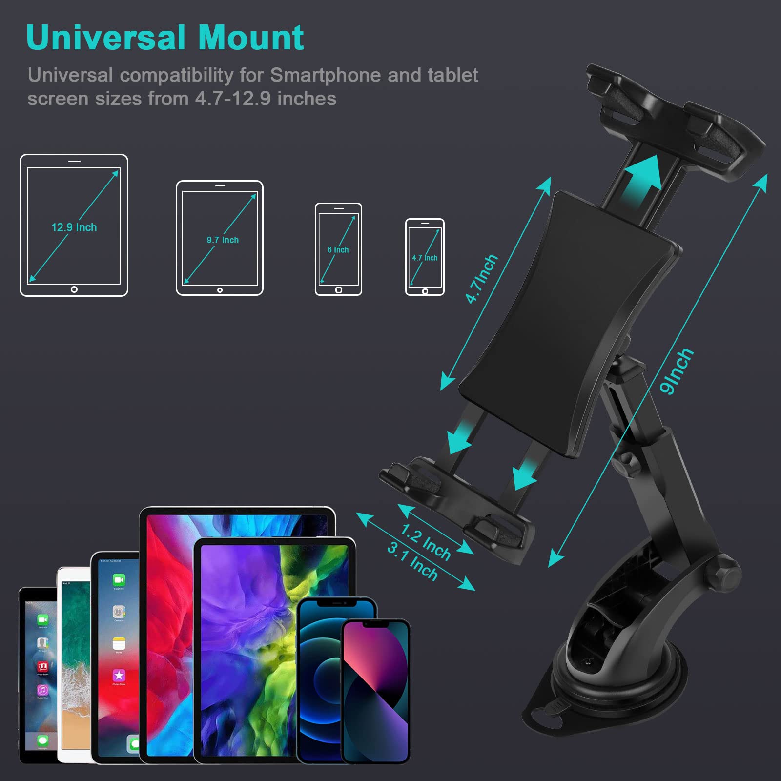 Car Dashboard & Windshield Tablet Mount Holder, 360° Rotation Window Dash Stand for iPad Pro 12.9/11/10.5/9.7/Air/Mini, Samsung Galaxy Tab, 4.7-12.9