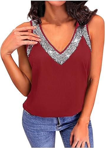 LFEOOST Camisetas sin mangas con lentejuelas brillantes para mujer, sexy, casual, cuello en V, sin mangas, chaleco de verano, ajuste regular, blusas