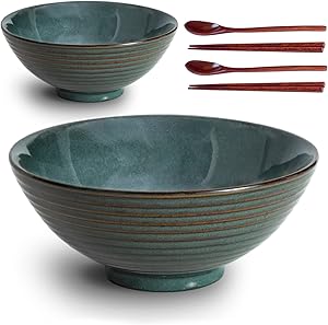 8 Inch Ceramic Ramen Bowl Set of 2 Japanese Ramen Bowls with Spoons and Chopsticks for Pho Udon Asian Soup Noodle, Green