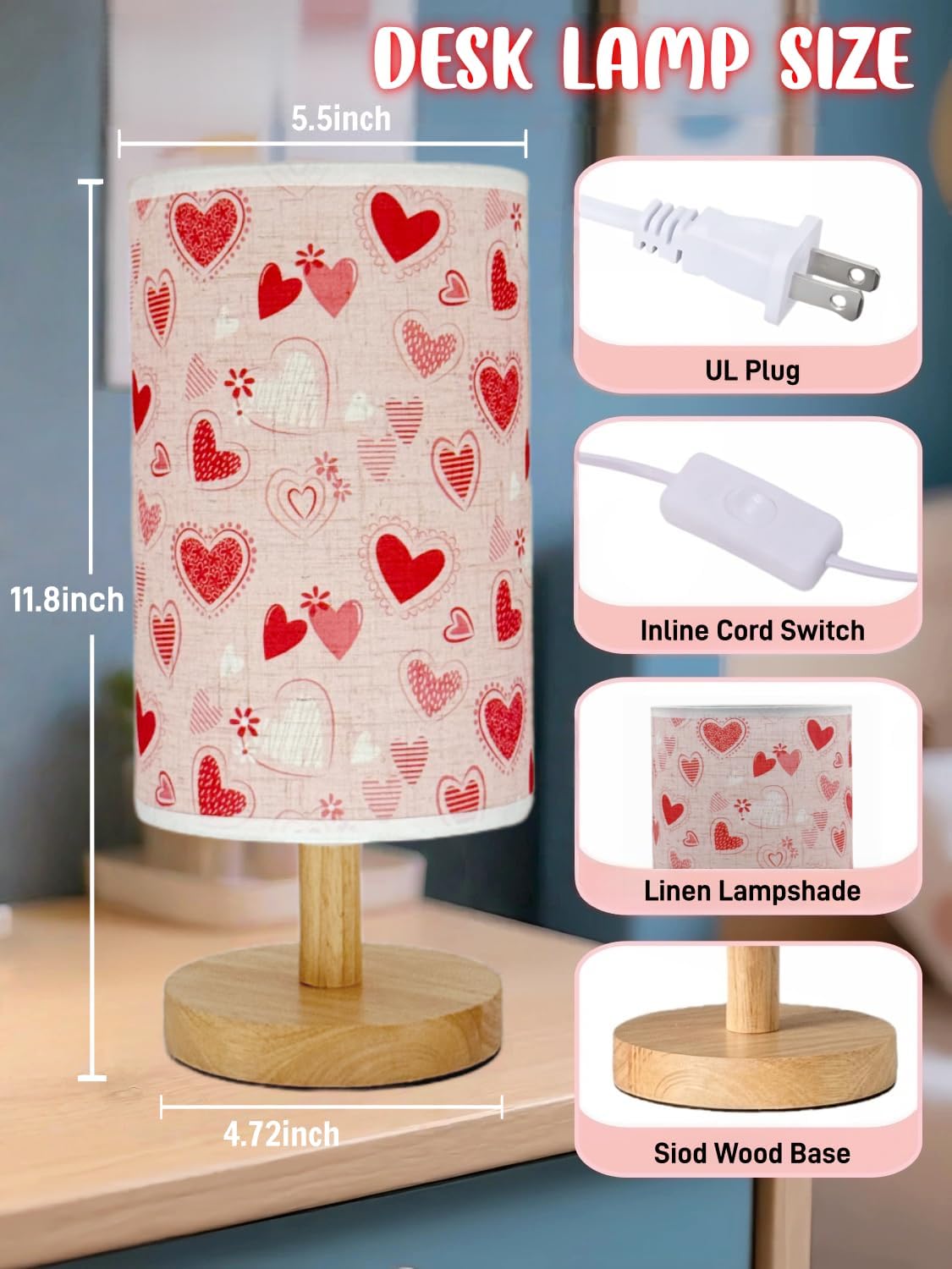 Boho Kids Table Lamp for Bedroom Girls Bedside Lamps,3-Way Dimmable Wood Base Nightstand Night Light with Pink Heart Pattern Lampshade for Living Bedroom Kids Room Office or Home Decor,Gifts for Woman