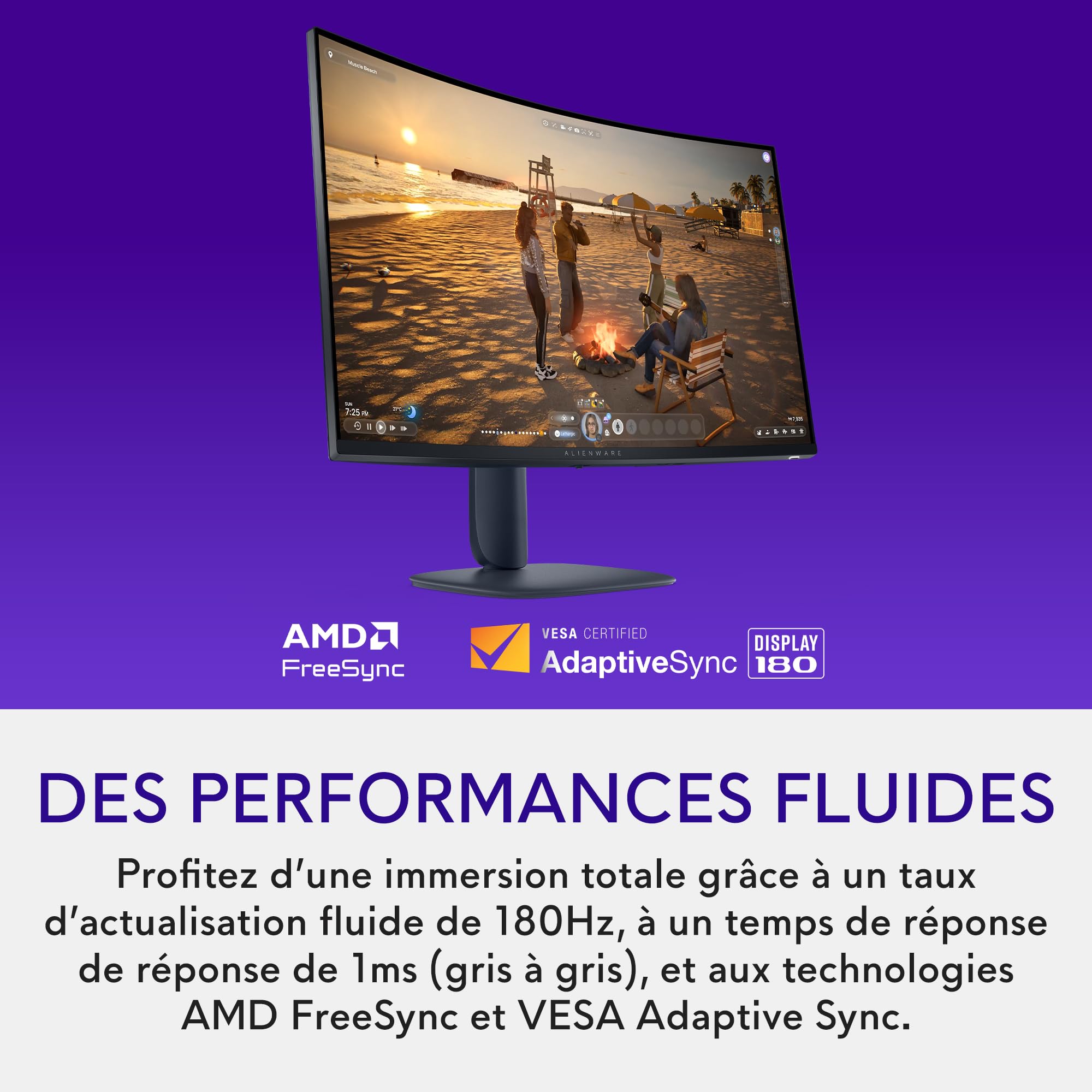 Alienware 32 Écran PC Gaming - AW3225DM, QHD (2560x1440), 1500R Incurvé, 180Hz, VA, 1ms, AMD FreeSync, VESA AdaptiveSync, 95% DCI-P3, HDR400, DisplayPort, 2 HDMI, 3 USB, Garantie 3 Ans