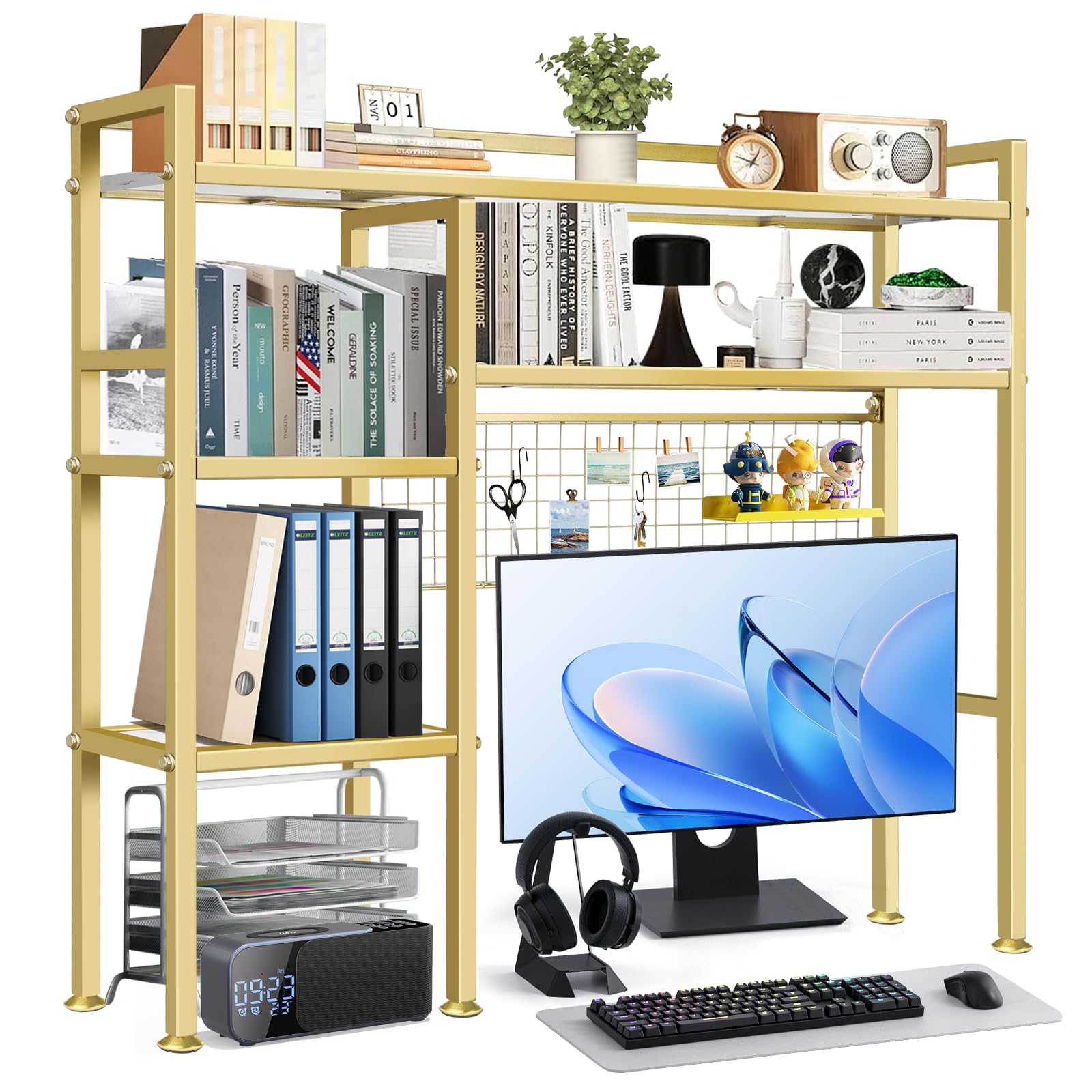 CIVANA Desk Shelf with Grid Panel, 37.5" Desktop Hutch Organizer, 4-Tier Desk Bookshelf for Computer Desk, Metal & Wood Desktop Storage Rack for Home