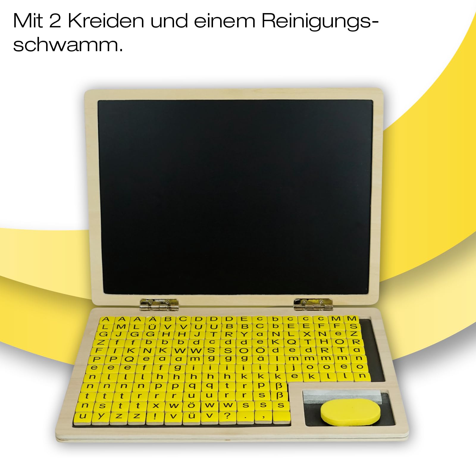 TimeTEX Lese-Klapp-Computer aus Holz, 189-tlg. | ABC Lernspiel, magnetisch mit Tafelfläche & Buchstaben-Steinen | Laptop Spielzeug für Kinder zum Lesen & Schreiben Lernen