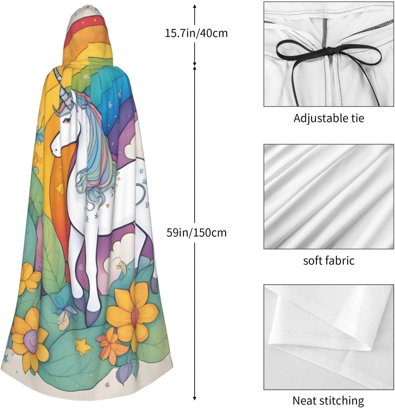 Unisex Full Length Hooded Halloween Christmas Party Robe Cloak Cape Cosplay Costume Men Women Cartoon Unicorns Prints Black