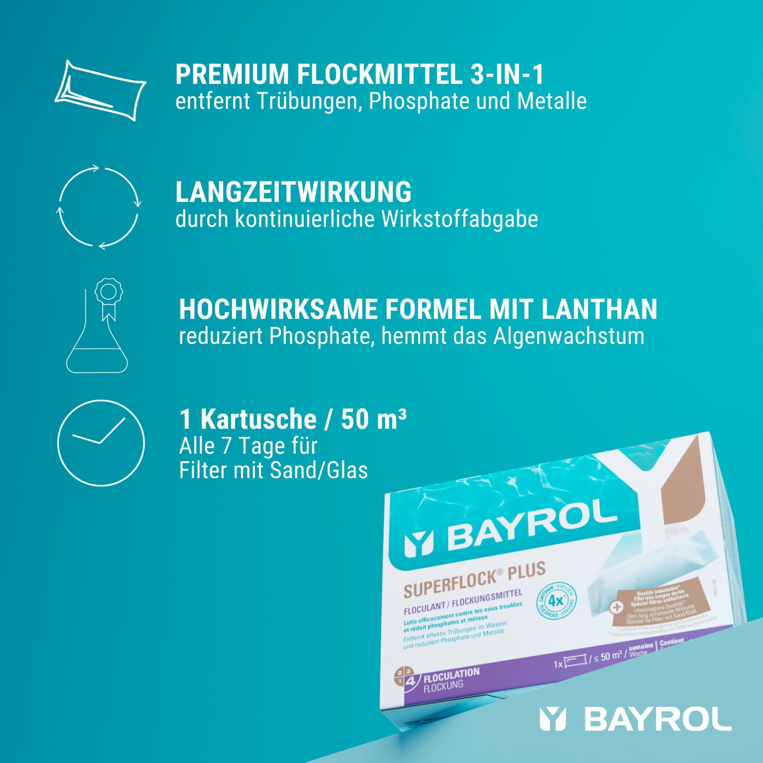 BAYROL Superflock Plus 4 x 1 kg - Flockungsmittel Pool für Sandfilter/Filterglas - Flockkartusche Pool - Macht das Wasser kristallklar