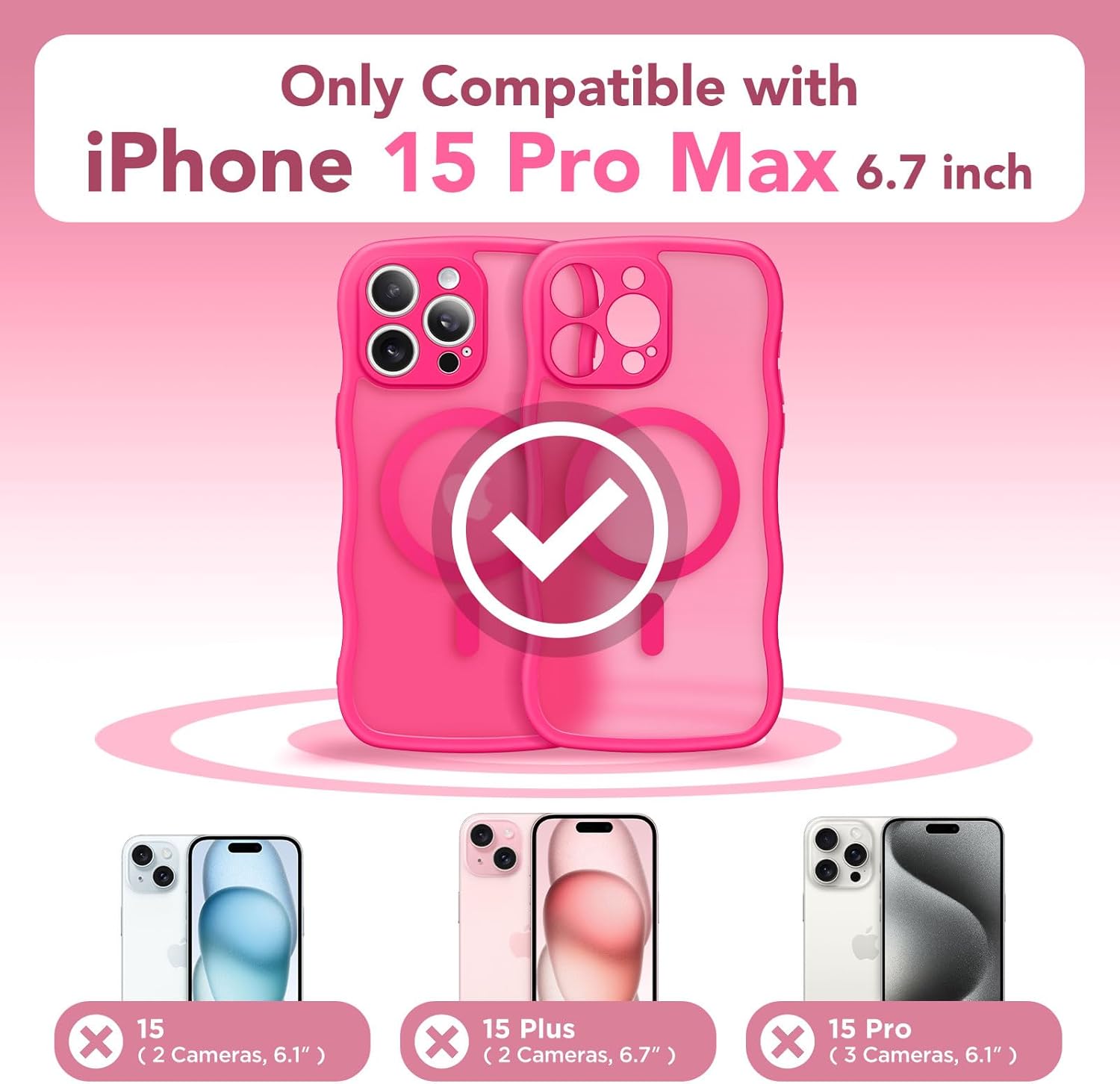 CAPRARO Cute for iPhone 15 Pro Max Case, Compatible with MagSafe, [Curly Wave Edge] [Full Camera Protection] [14 FT Drop Protection] Magnetic Phone Case for 15 Pro Max 6.7 Inch, Hot Pink - Image 2
