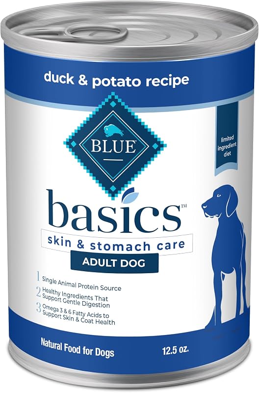 Ração úmida para cães adultos Blue Buffalo Basics com pato e batata, sem grãos, 12 latas de 354 g
